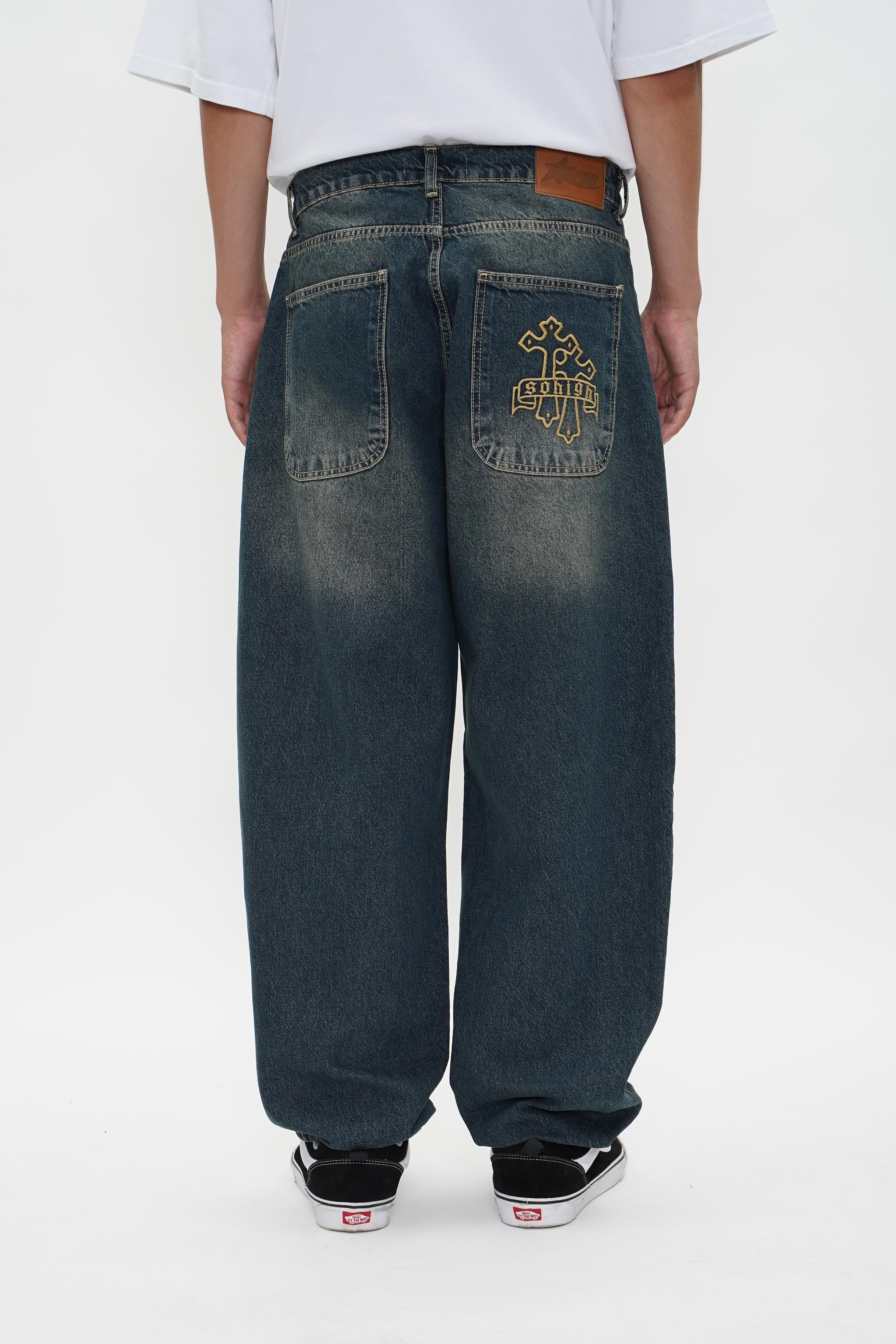 Sohigh Cross Embroidered Baggy Jeans - Dark Tint