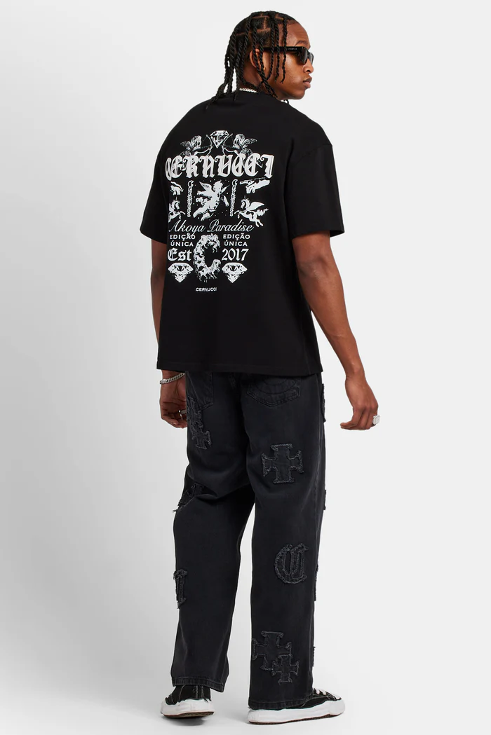 Baggy Raw Edge Applique Jeans