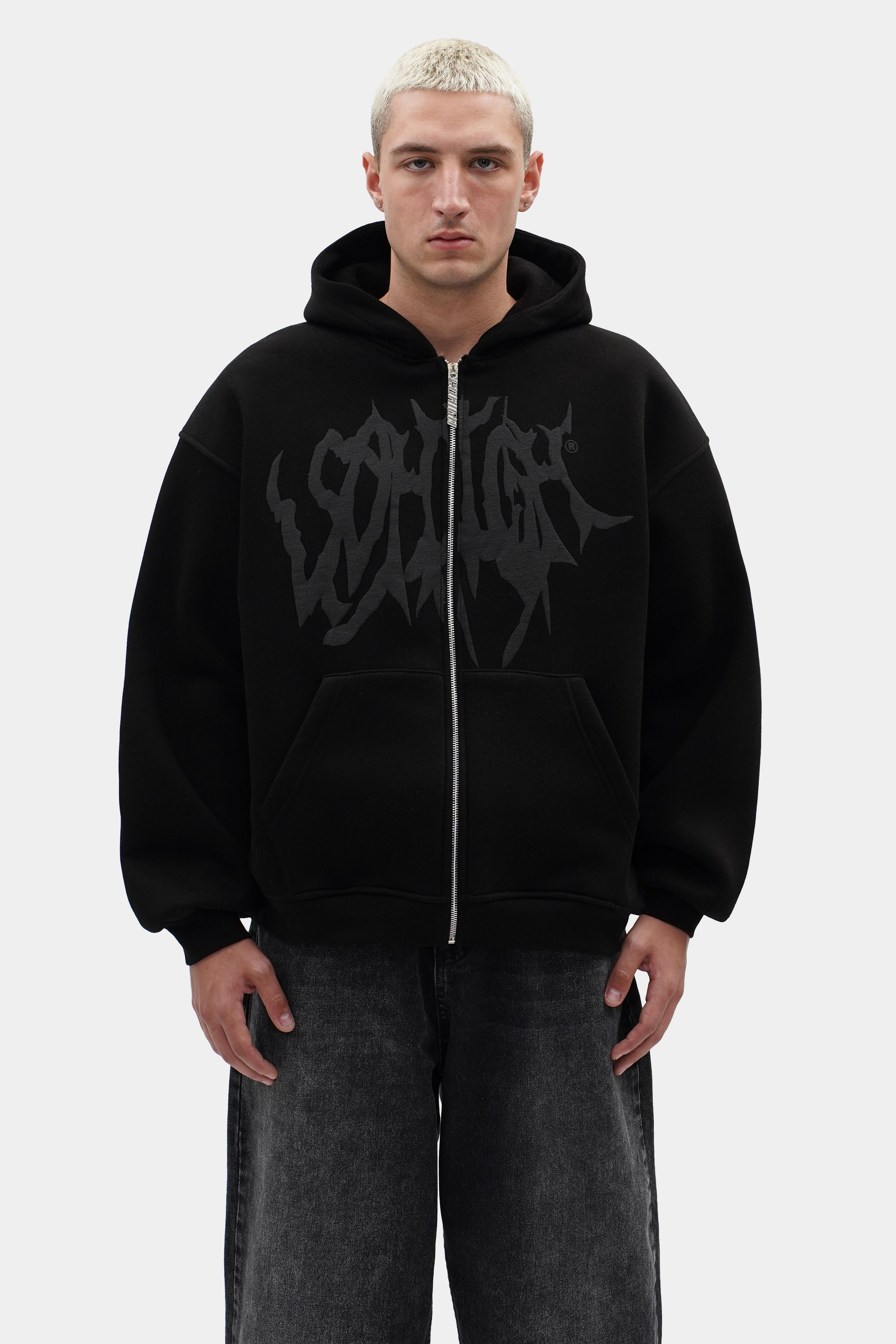 Sohigh Boxy Fit Crew Logo Zip Hoodie - Siyah