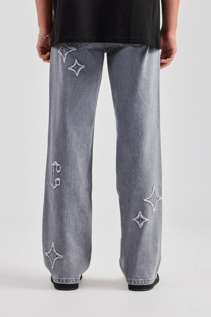 Relaxed Fit Applique Denim Jean - Washed Grey