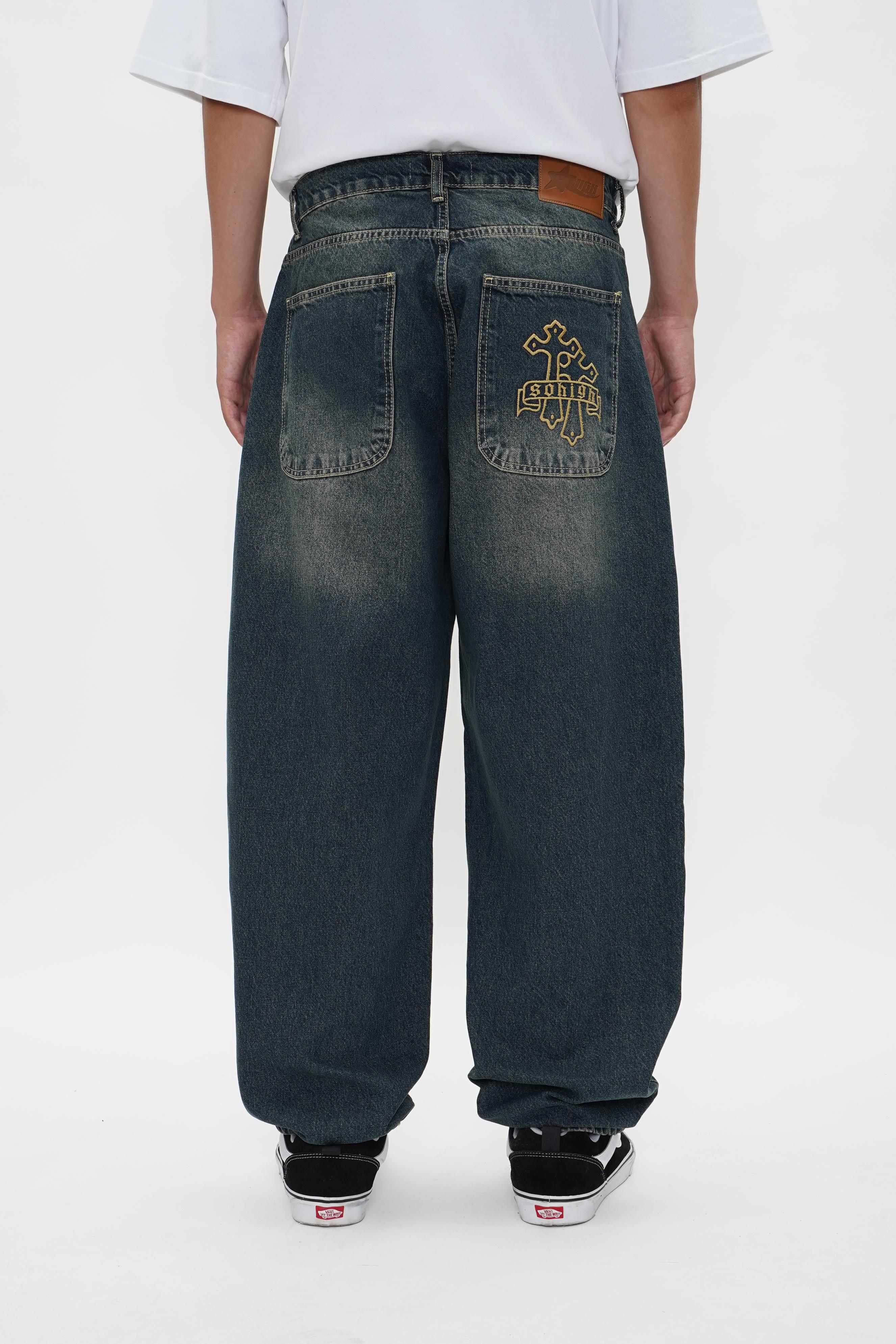 Sohigh Cross Embroidered Baggy Jeans - Dark Tint