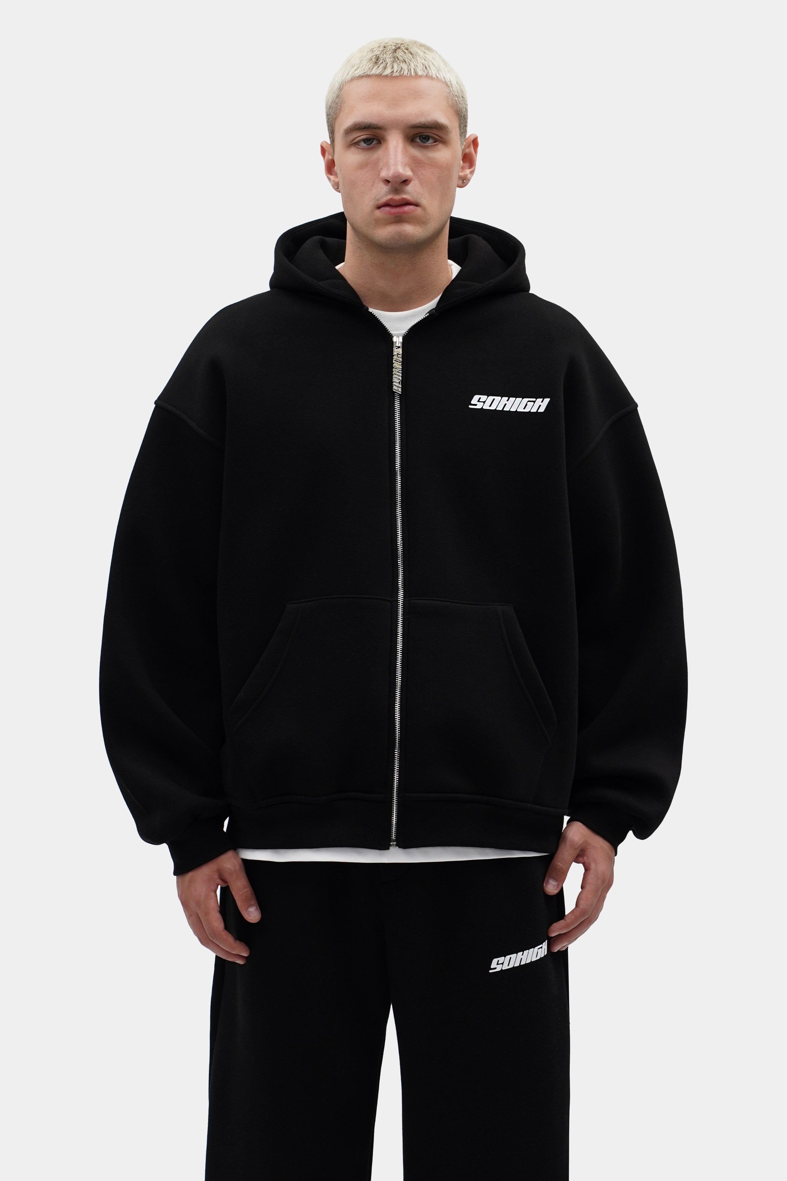 Sohigh Boxy Fit Chest Logo Zip Hoodie