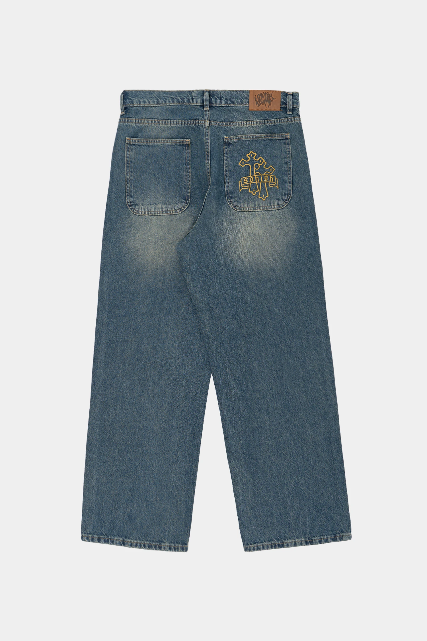 Sohigh Cross Embroidered Baggy Jeans - Mid Blue