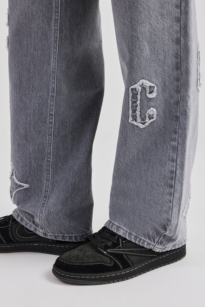 Relaxed Fit Applique Denim Jean - Washed Grey