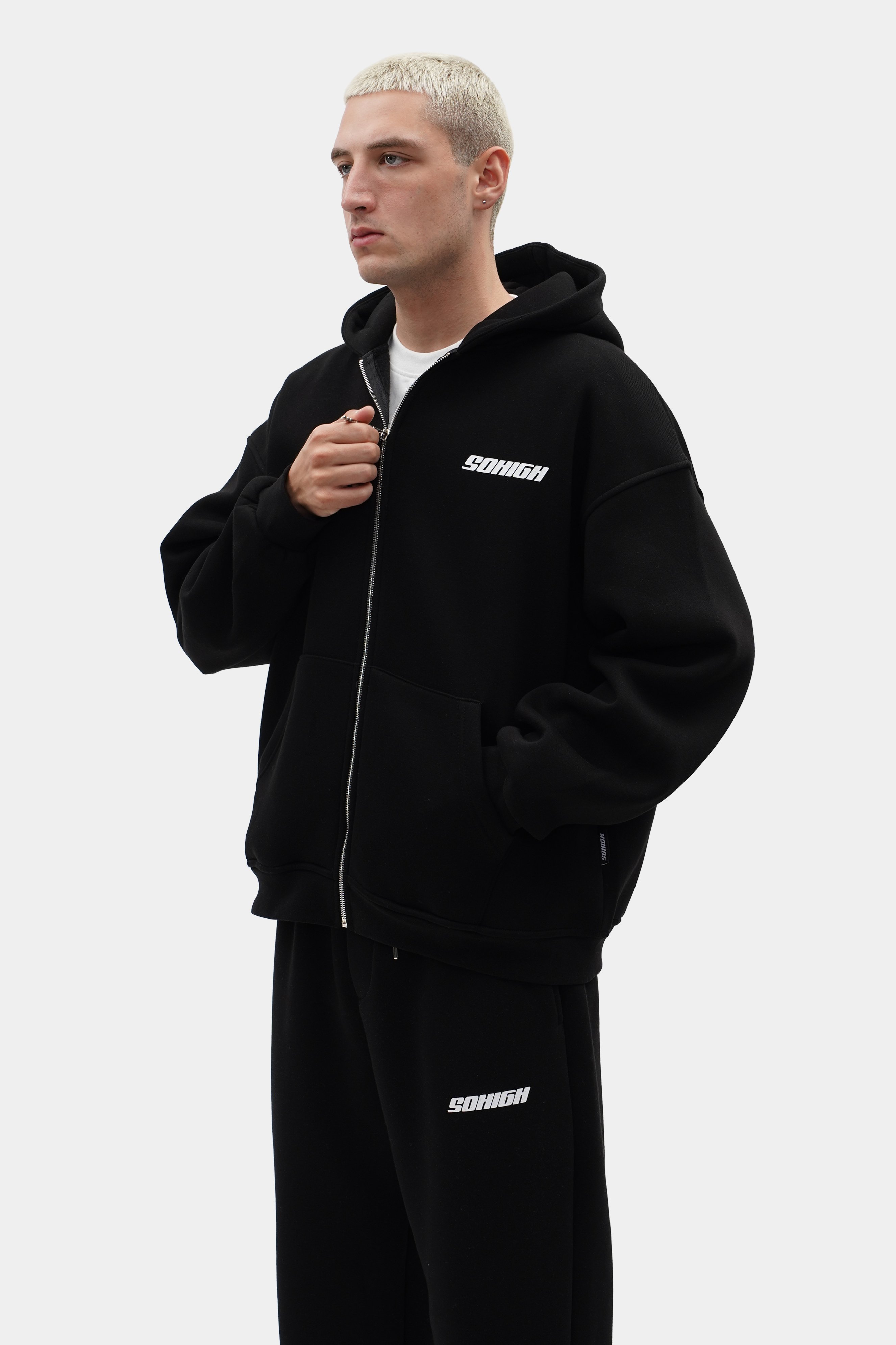 Sohigh Boxy Fit Chest Logo Zip Hoodie