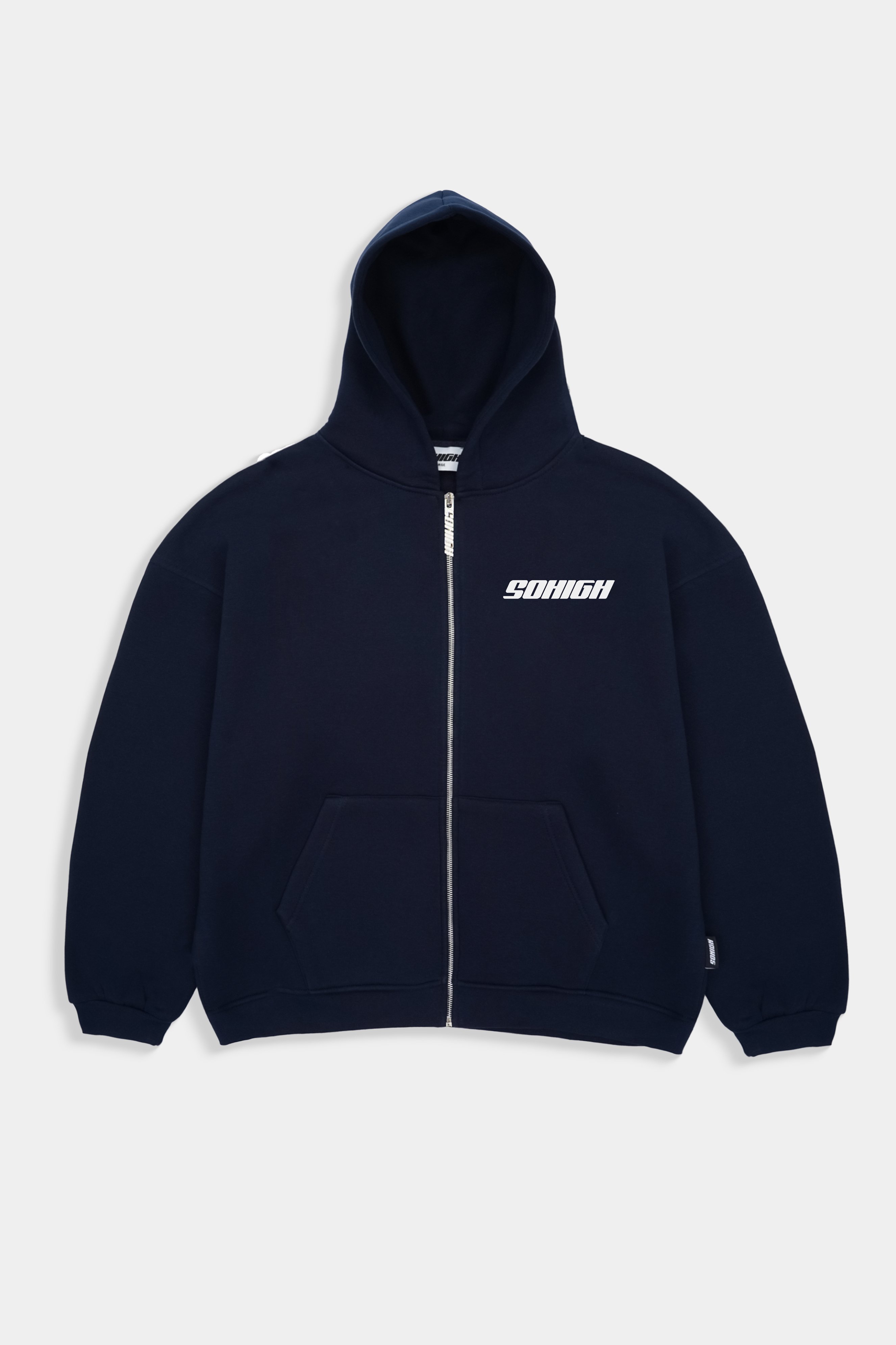 Sohigh Boxy Fit Chest Logo Zip Hoodie - Navy