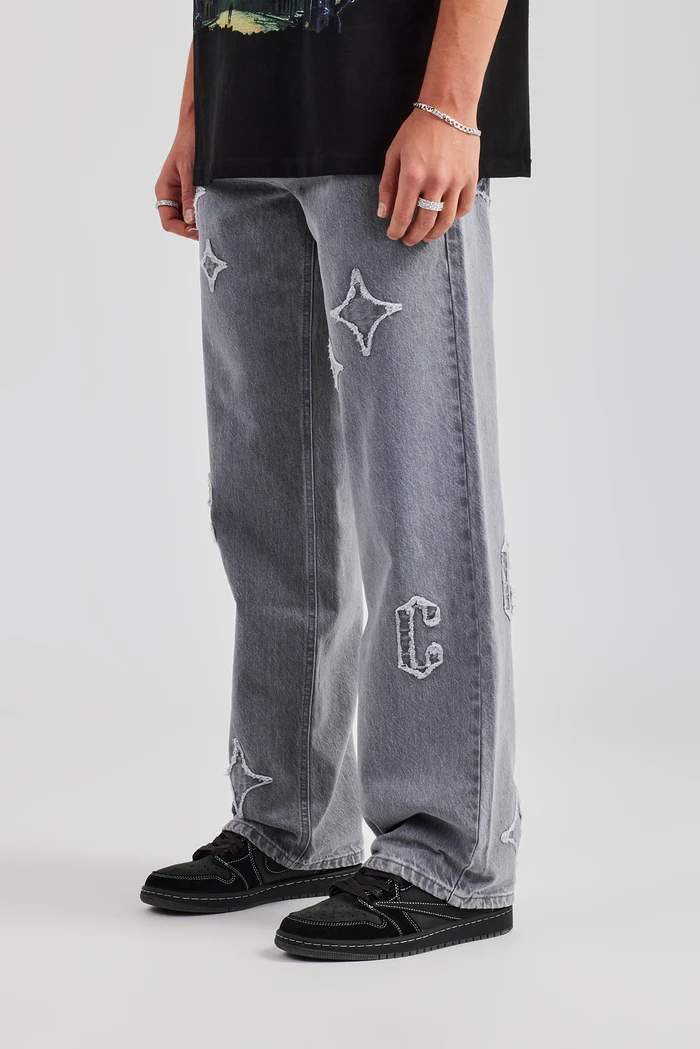 Relaxed Fit Applique Denim Jean - Washed Grey