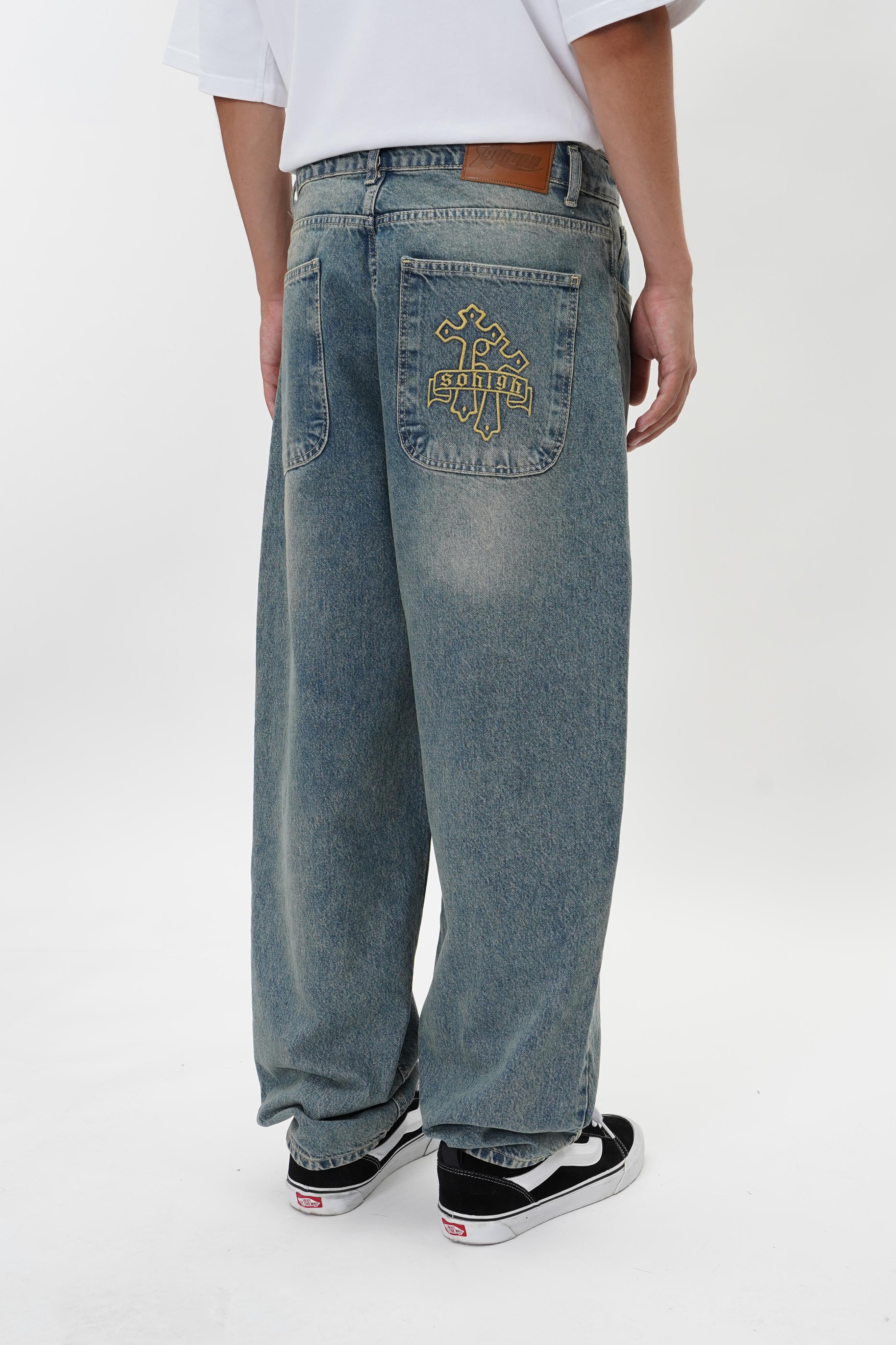 Sohigh Cross Embroidered Baggy Jeans - Light Tint