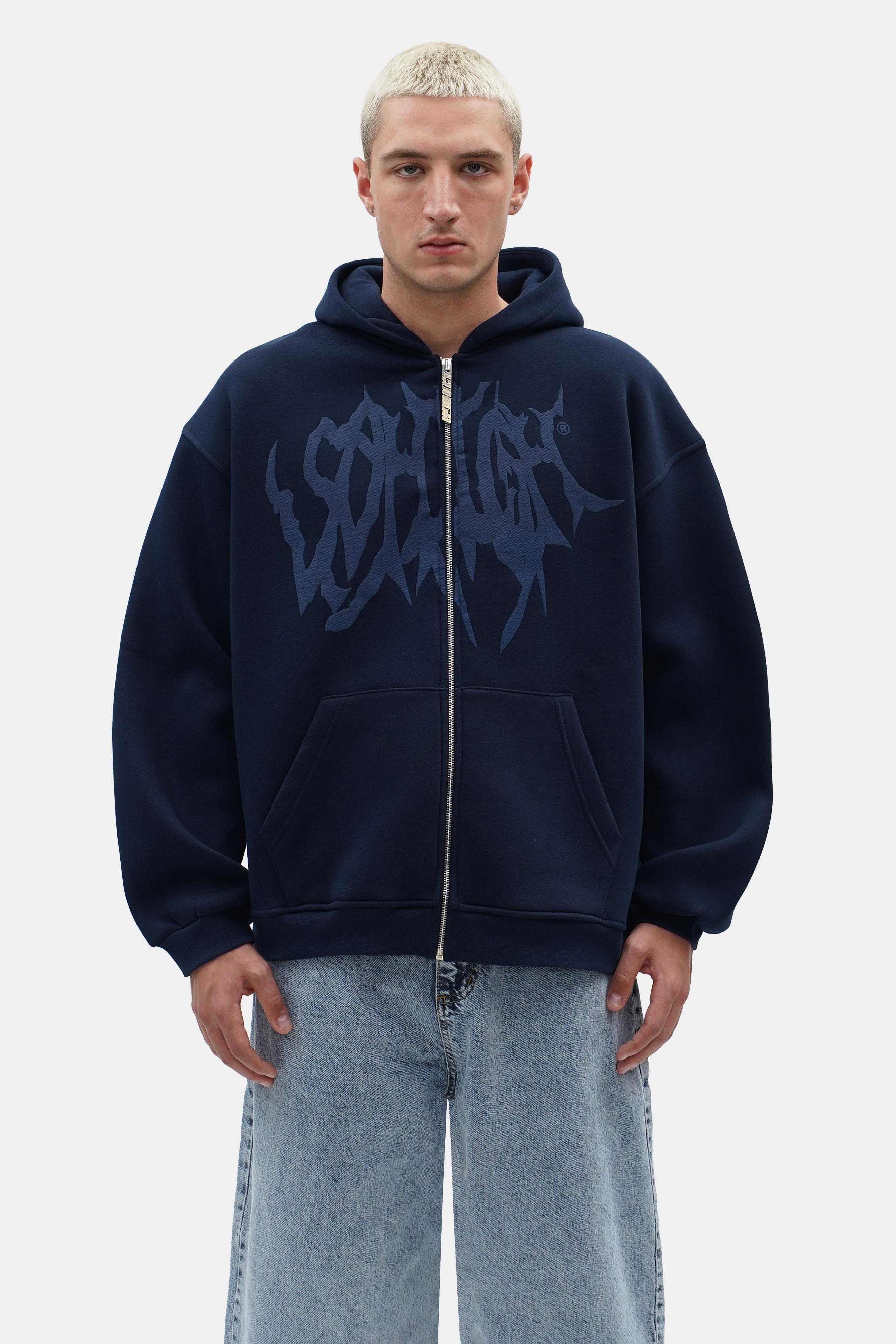 Sohigh Boxy Fit Crew Logo Zip Hoodie - Navy