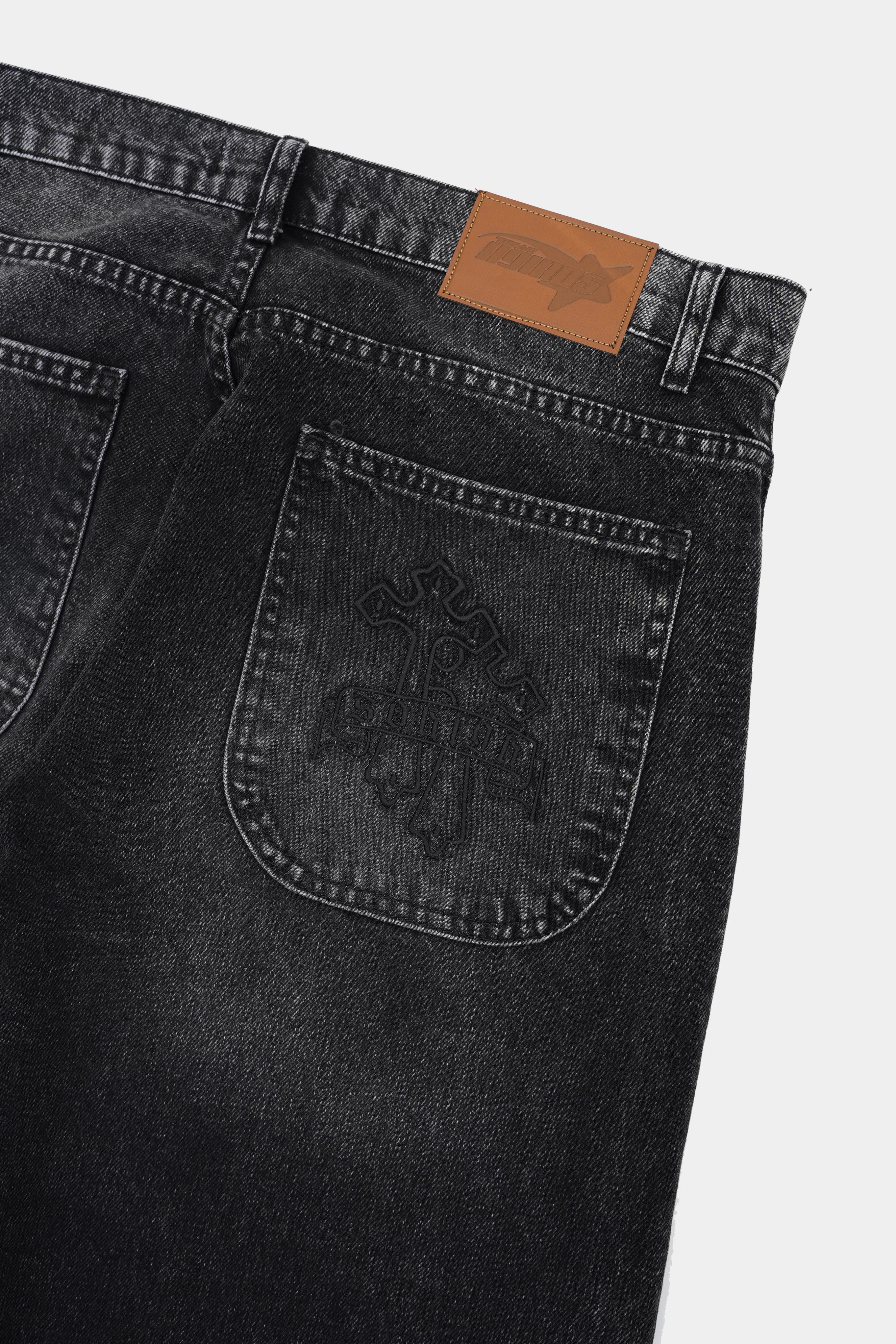 Sohigh Cross Embroidered Baggy Jeans - Black Wash