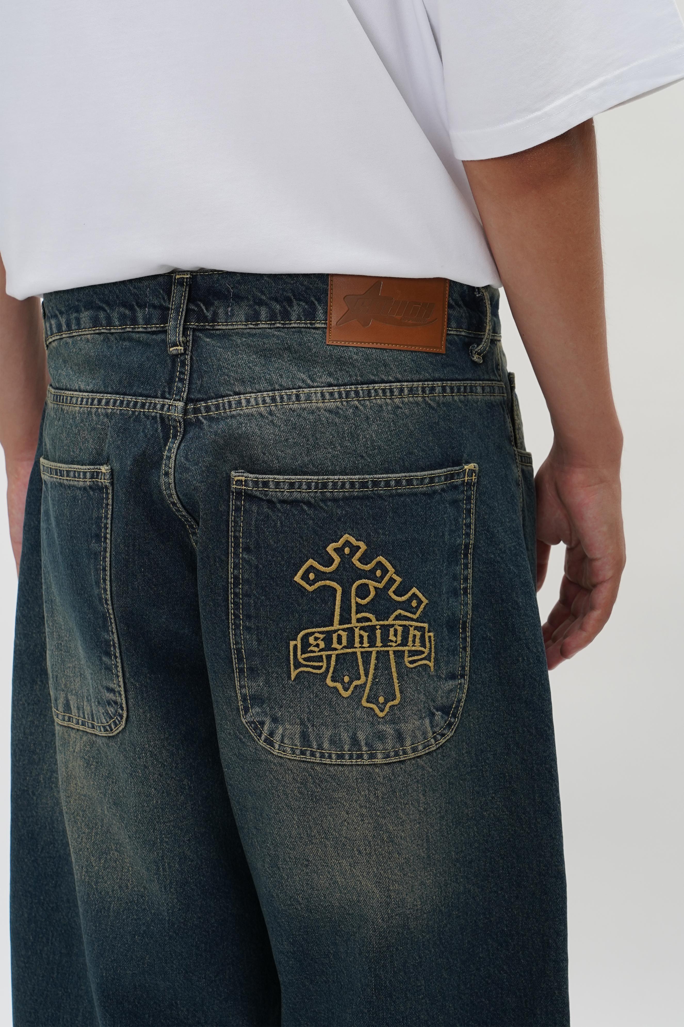 Sohigh Cross Embroidered Baggy Jeans - Dark Tint