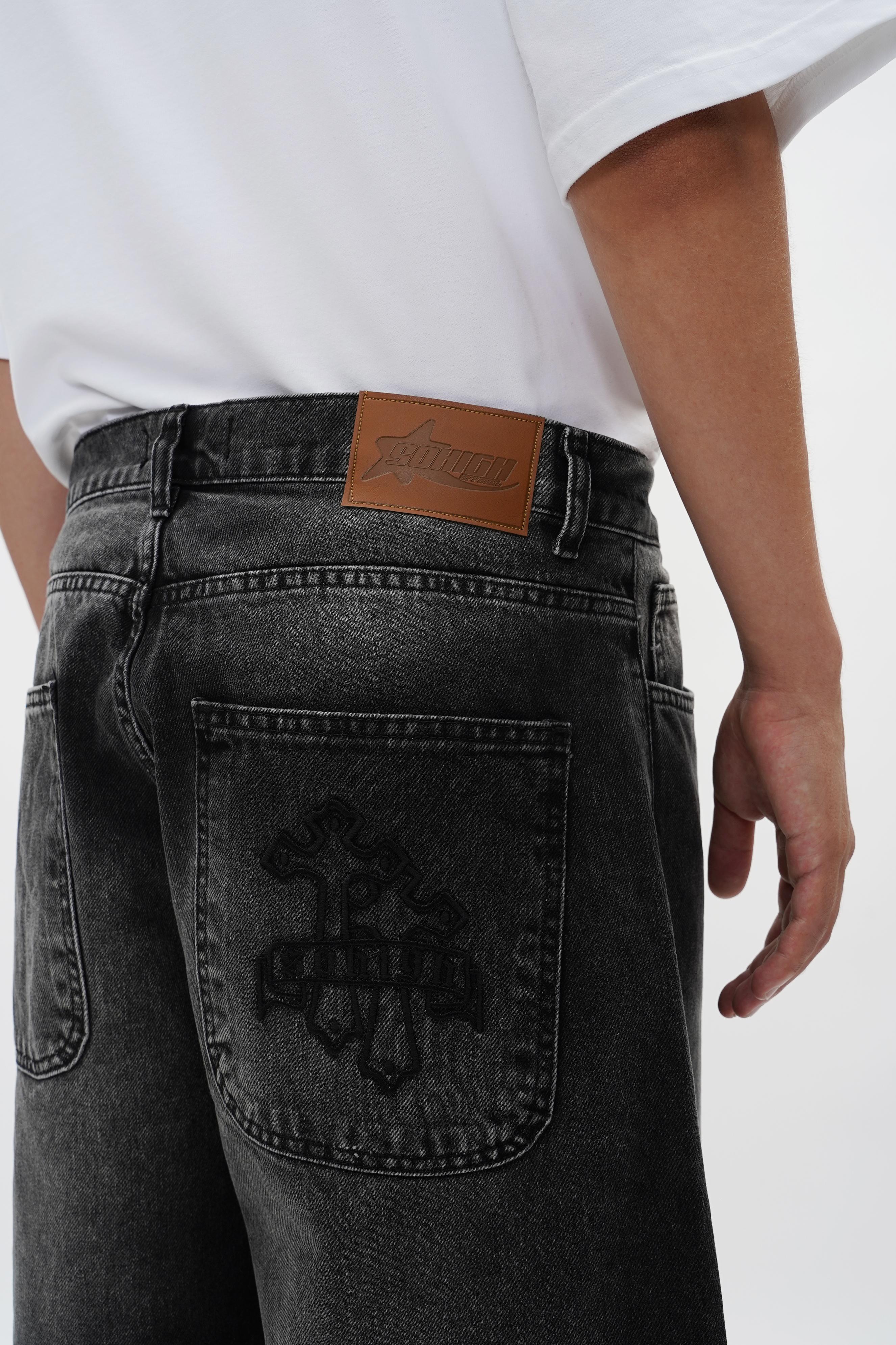 Sohigh Cross Embroidered Baggy Jeans - Black Wash