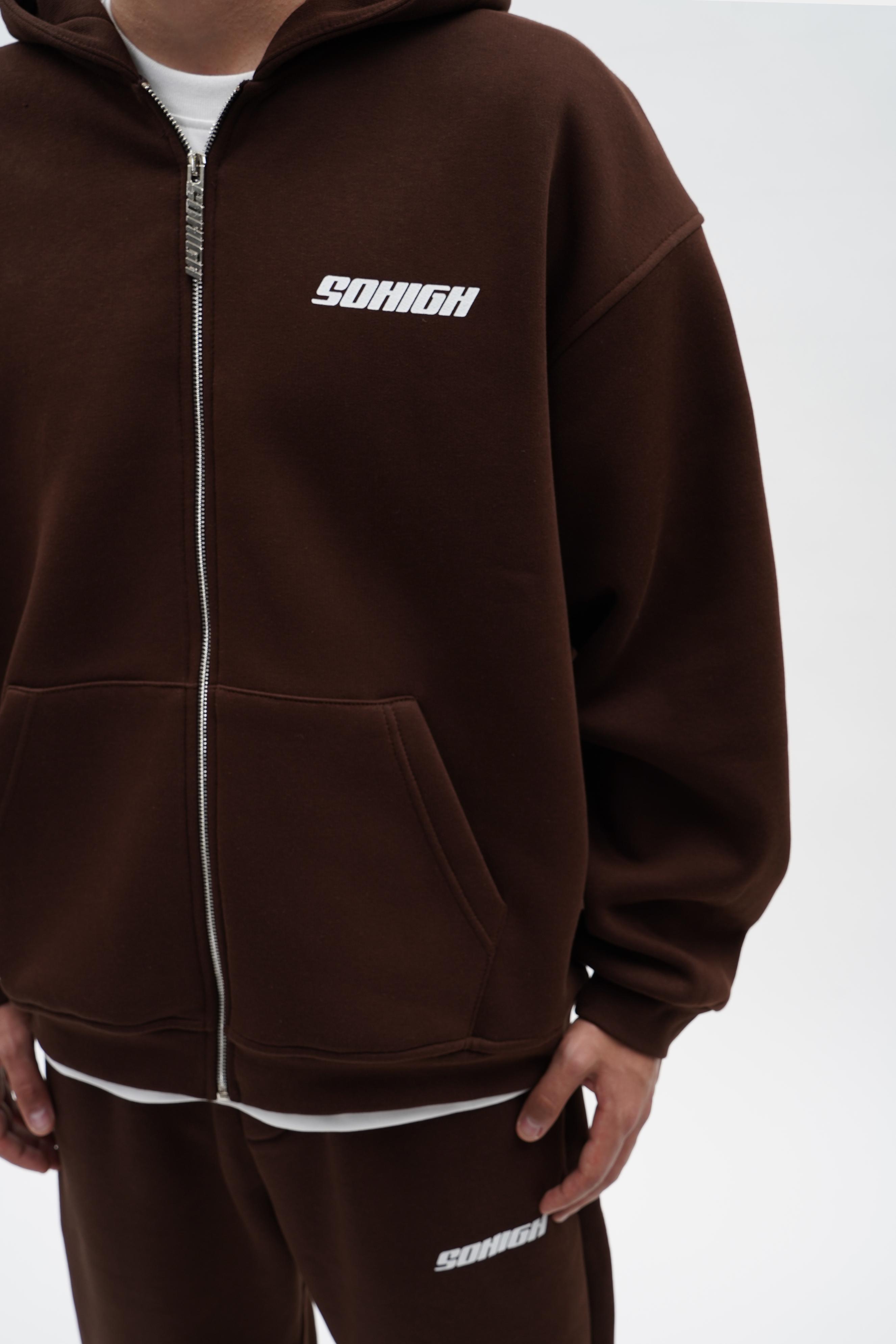 Sohigh Boxy Fit Chest Logo Zip Hoodie - Kahverengi