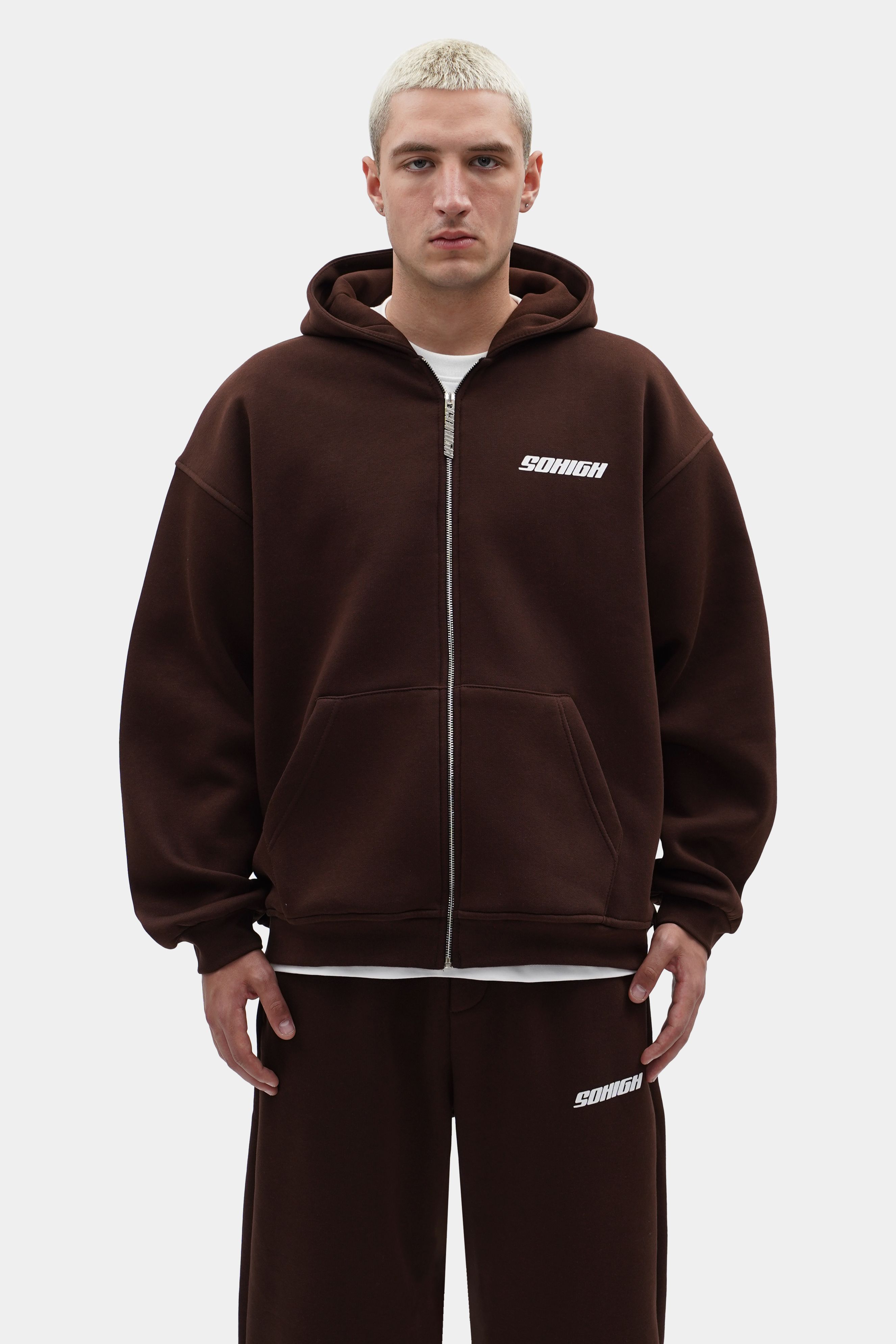 Sohigh Boxy Fit Chest Logo Zip Hoodie - Kahverengi