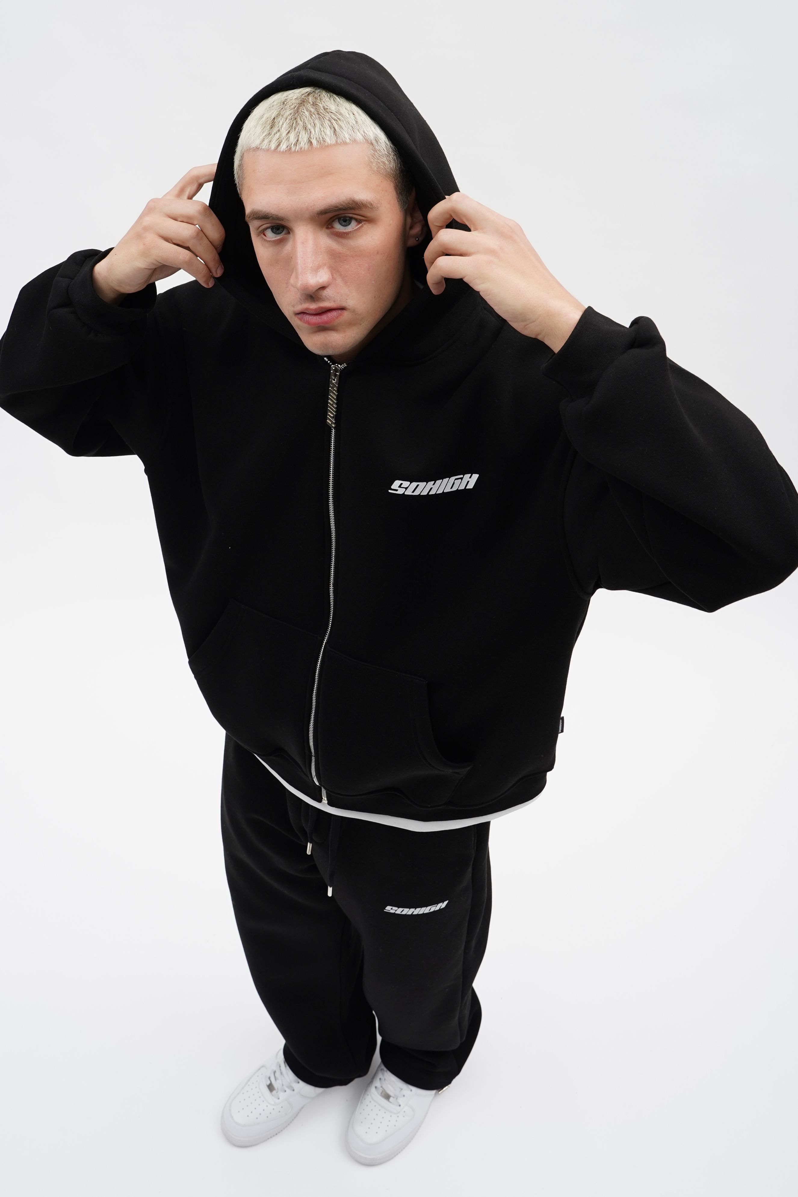 Sohigh Boxy Fit Chest Logo Zip Hoodie