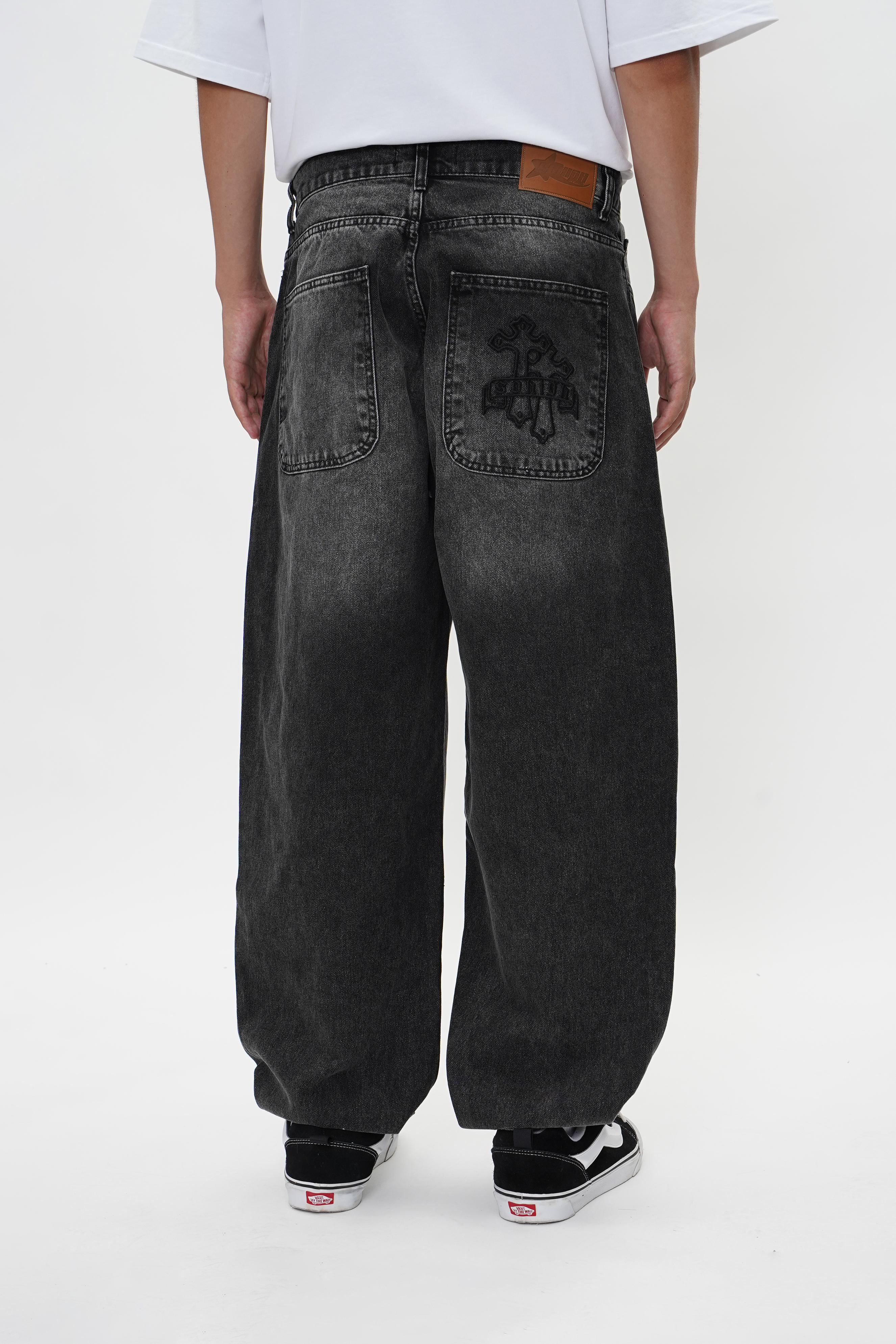 Sohigh Cross Embroidered Baggy Jeans - Black Wash