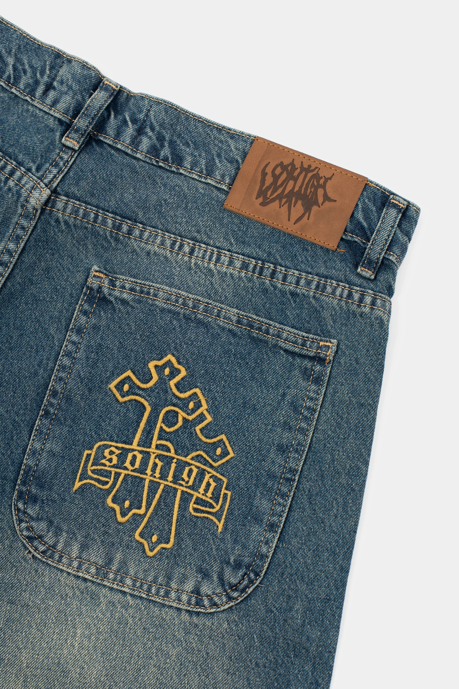 Sohigh Cross Embroidered Baggy Jeans - Mid Blue