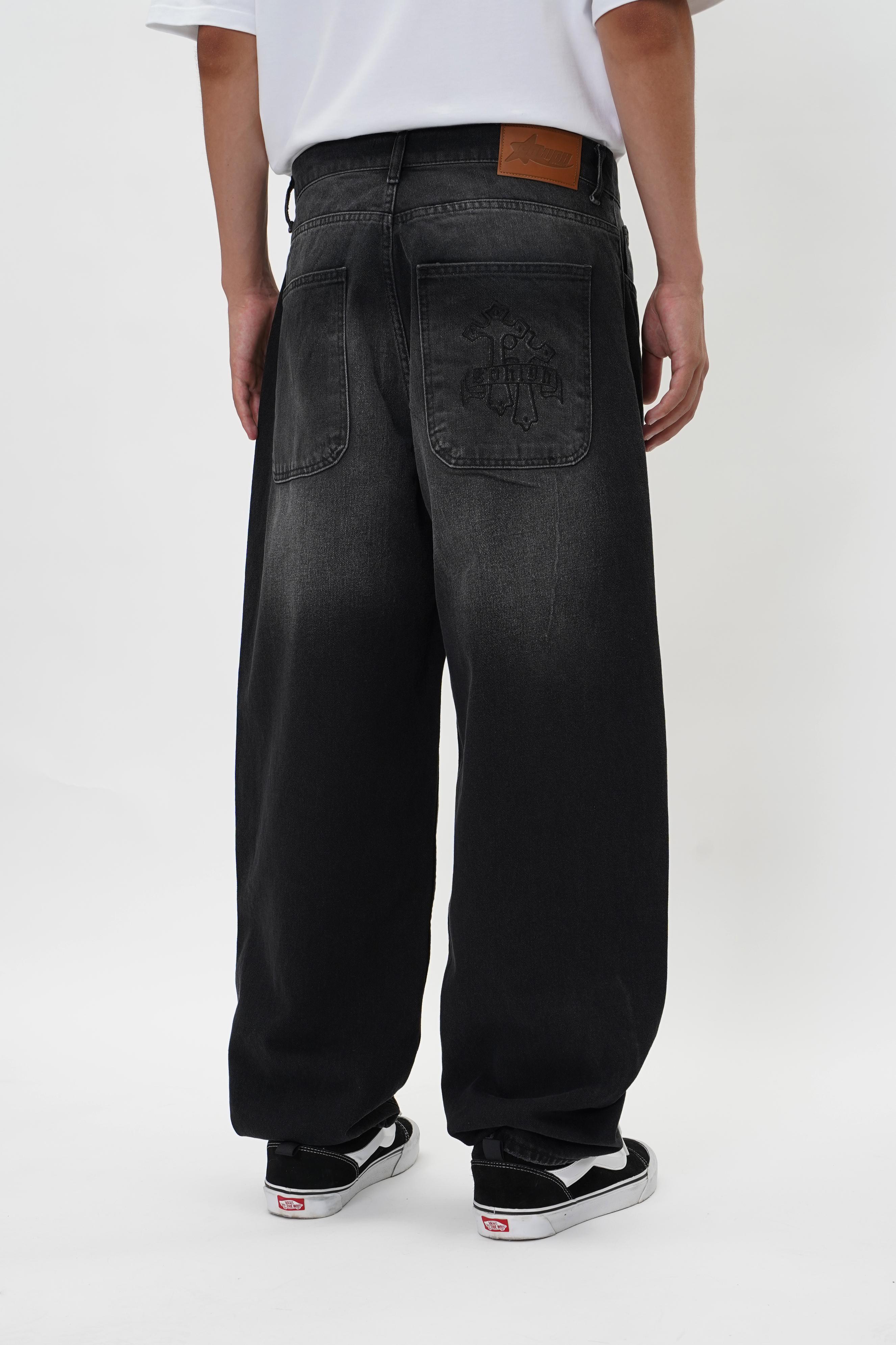 Sohigh Cross Embroidered Baggy Jeans - Black Tint