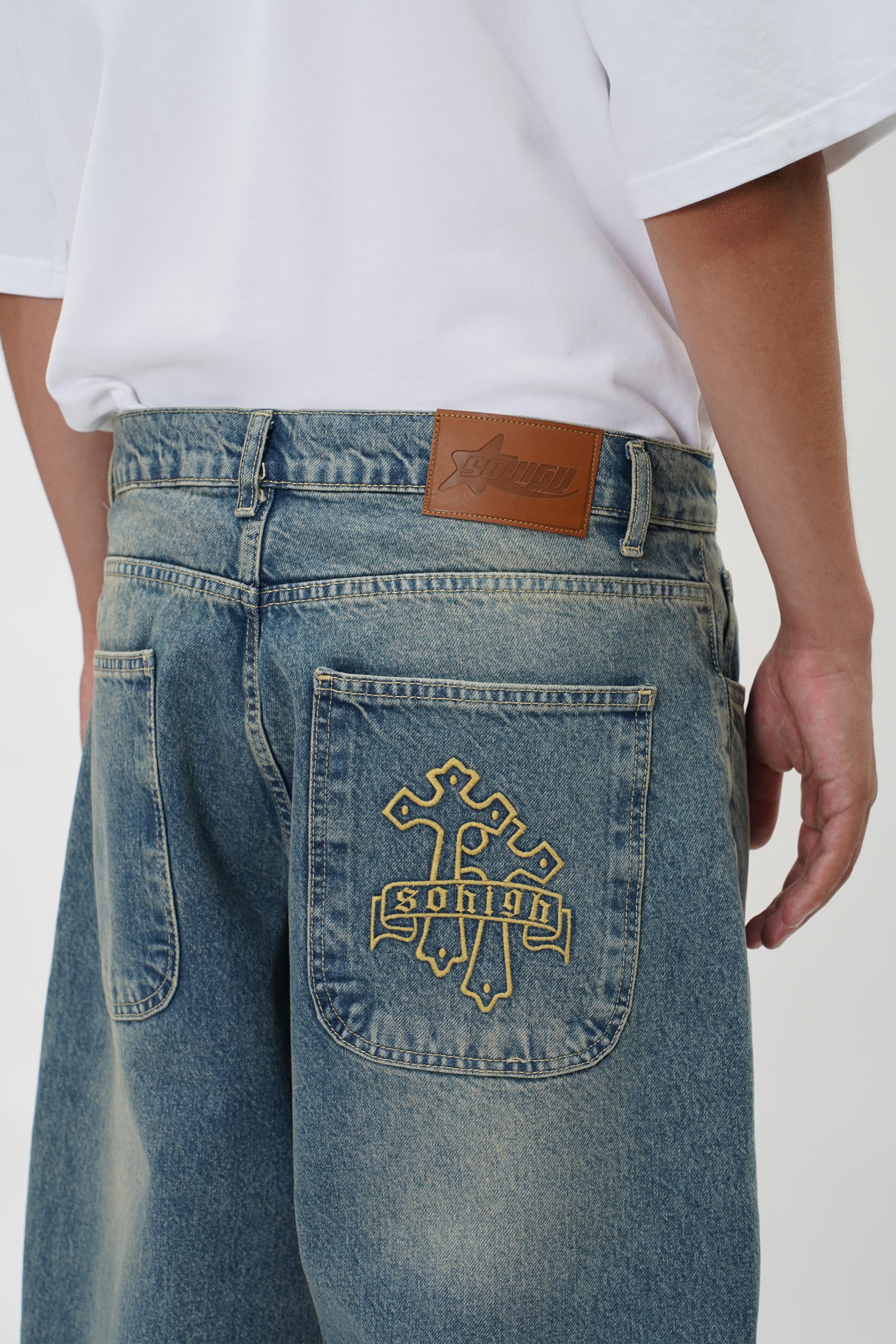 Sohigh Cross Embroidered Baggy Jeans - Light Tint