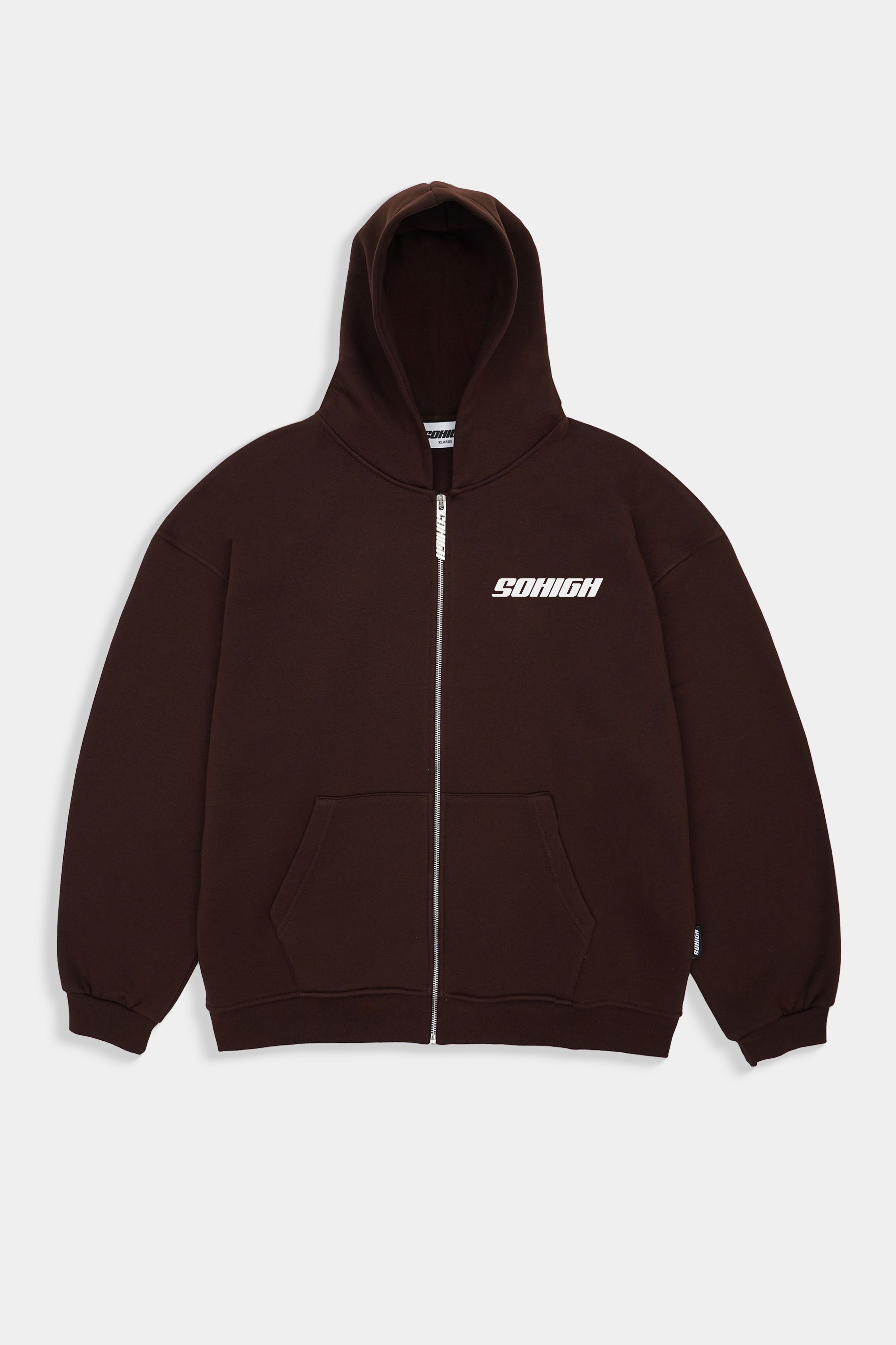 Sohigh Boxy Fit Chest Logo Zip Hoodie - Kahverengi