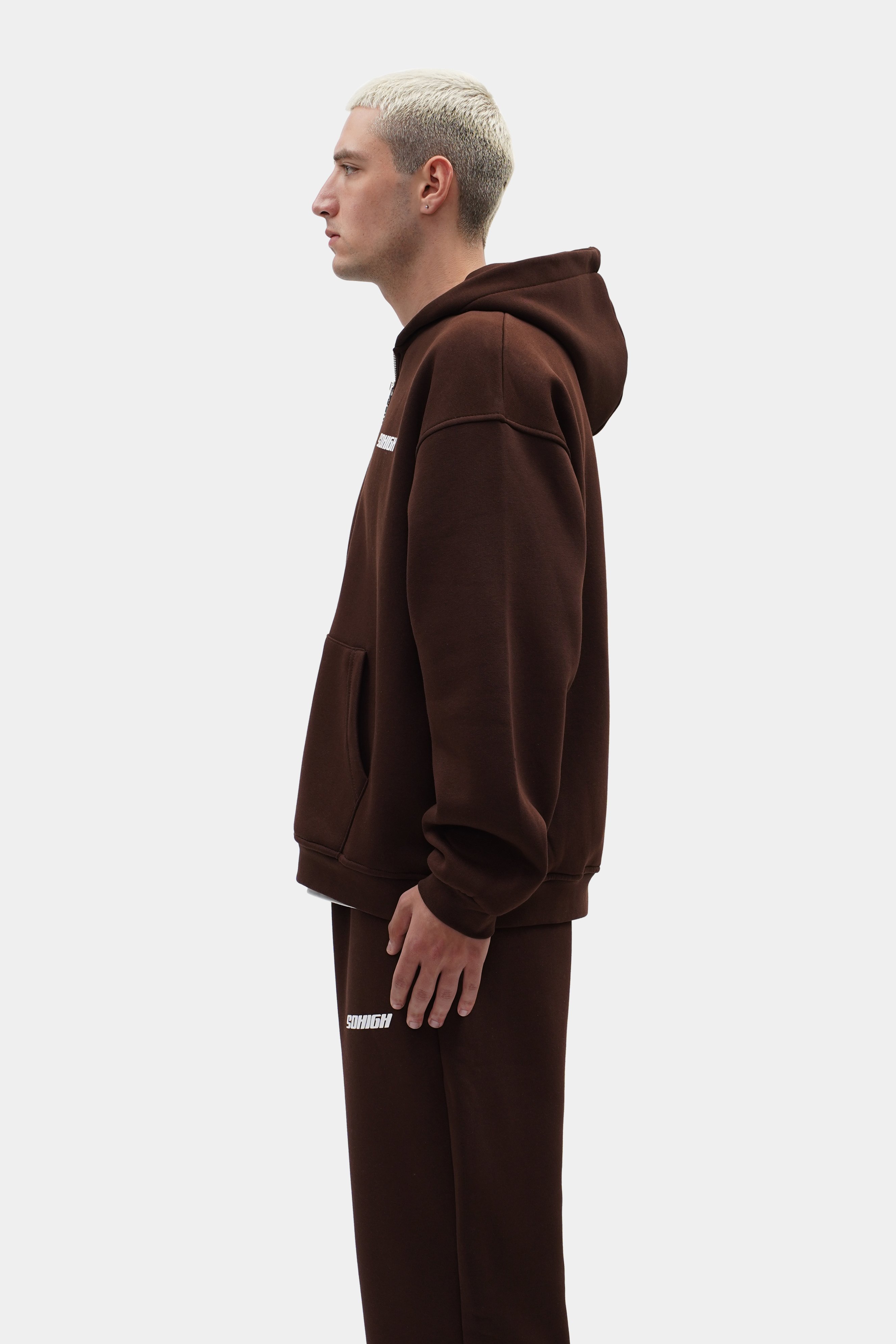 Sohigh Boxy Fit Chest Logo Zip Hoodie - Kahverengi