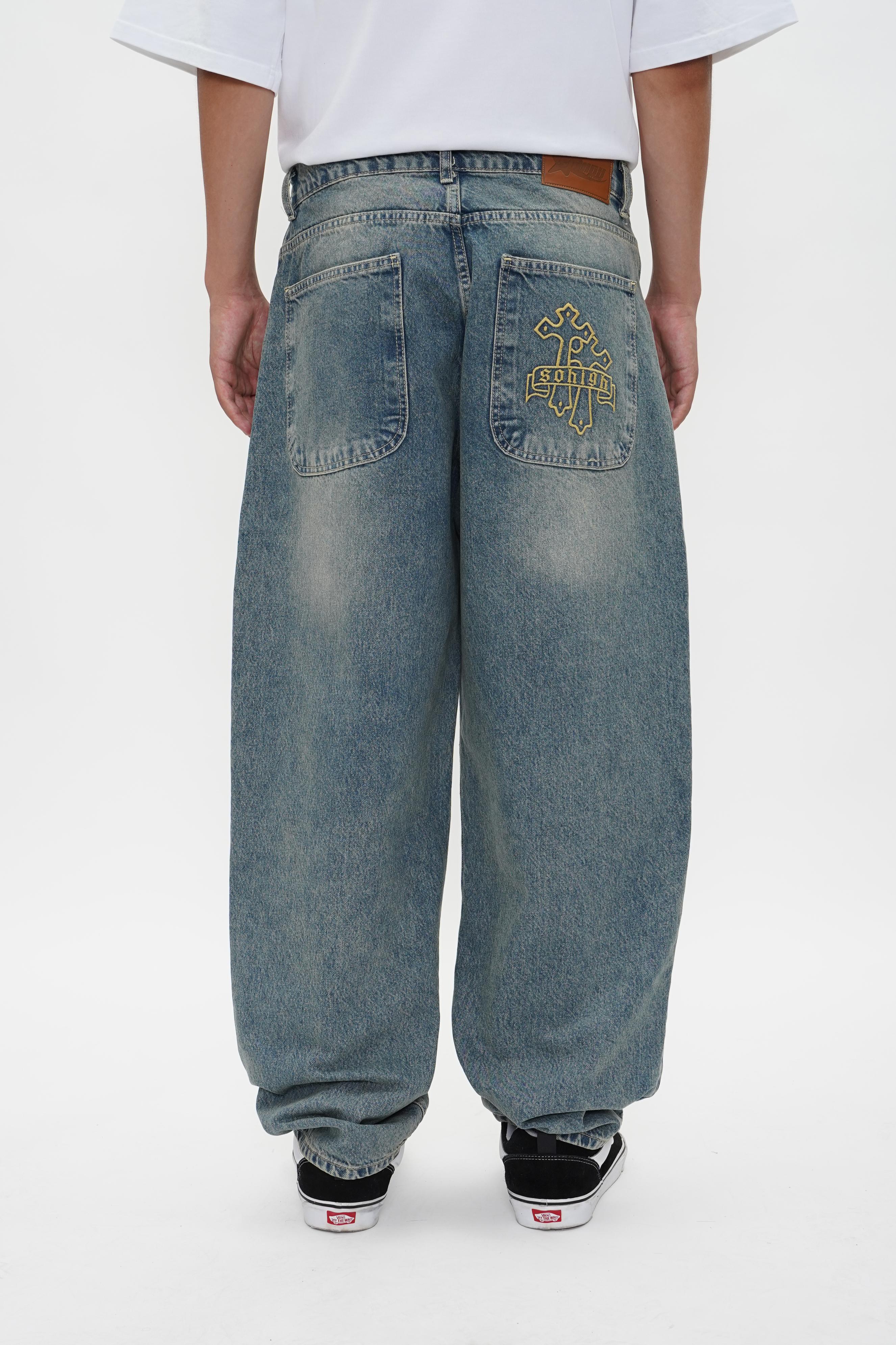 Sohigh Cross Embroidered Baggy Jeans - Light Tint