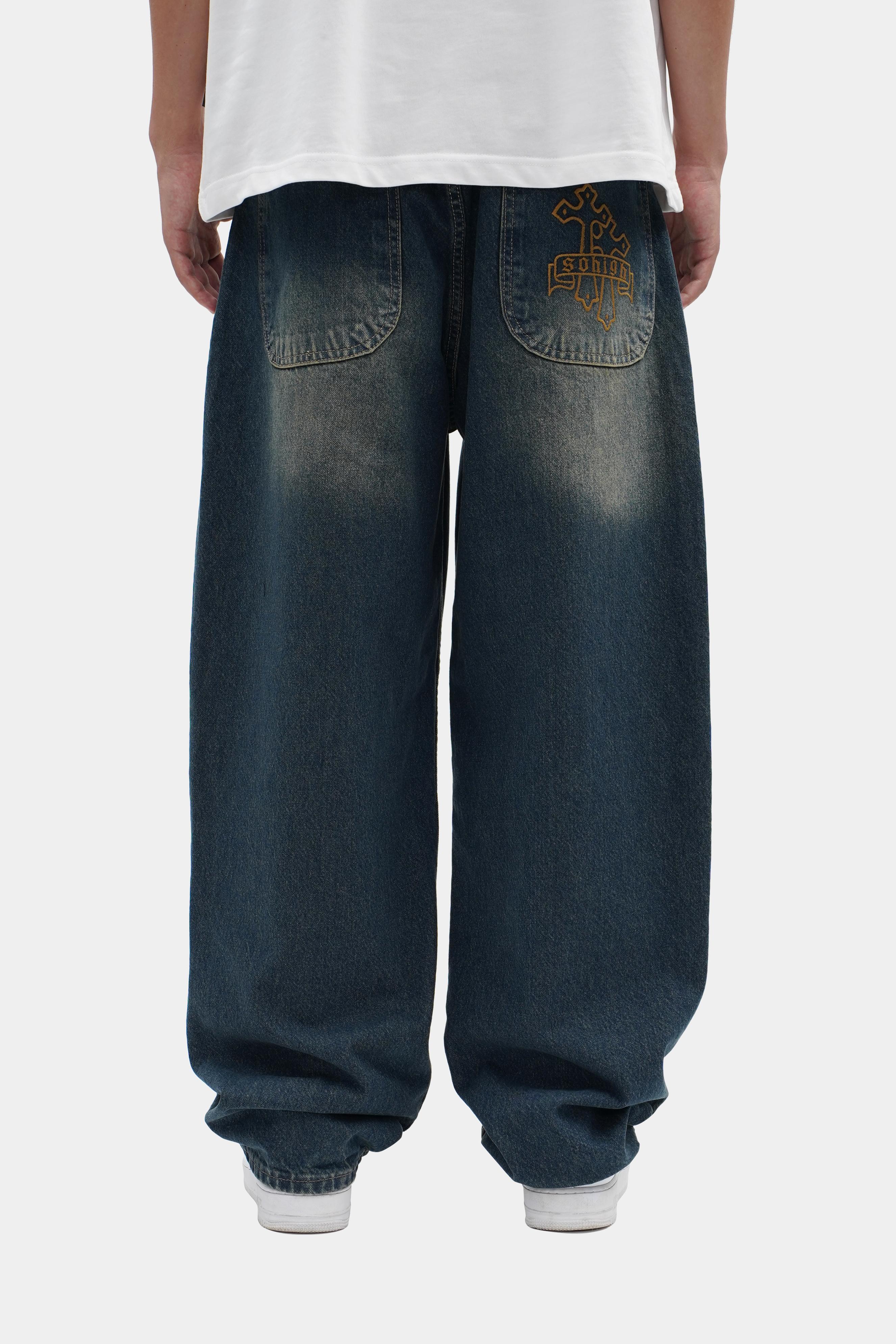 Sohigh Cross Embroidered Baggy Jeans - Dark Tint