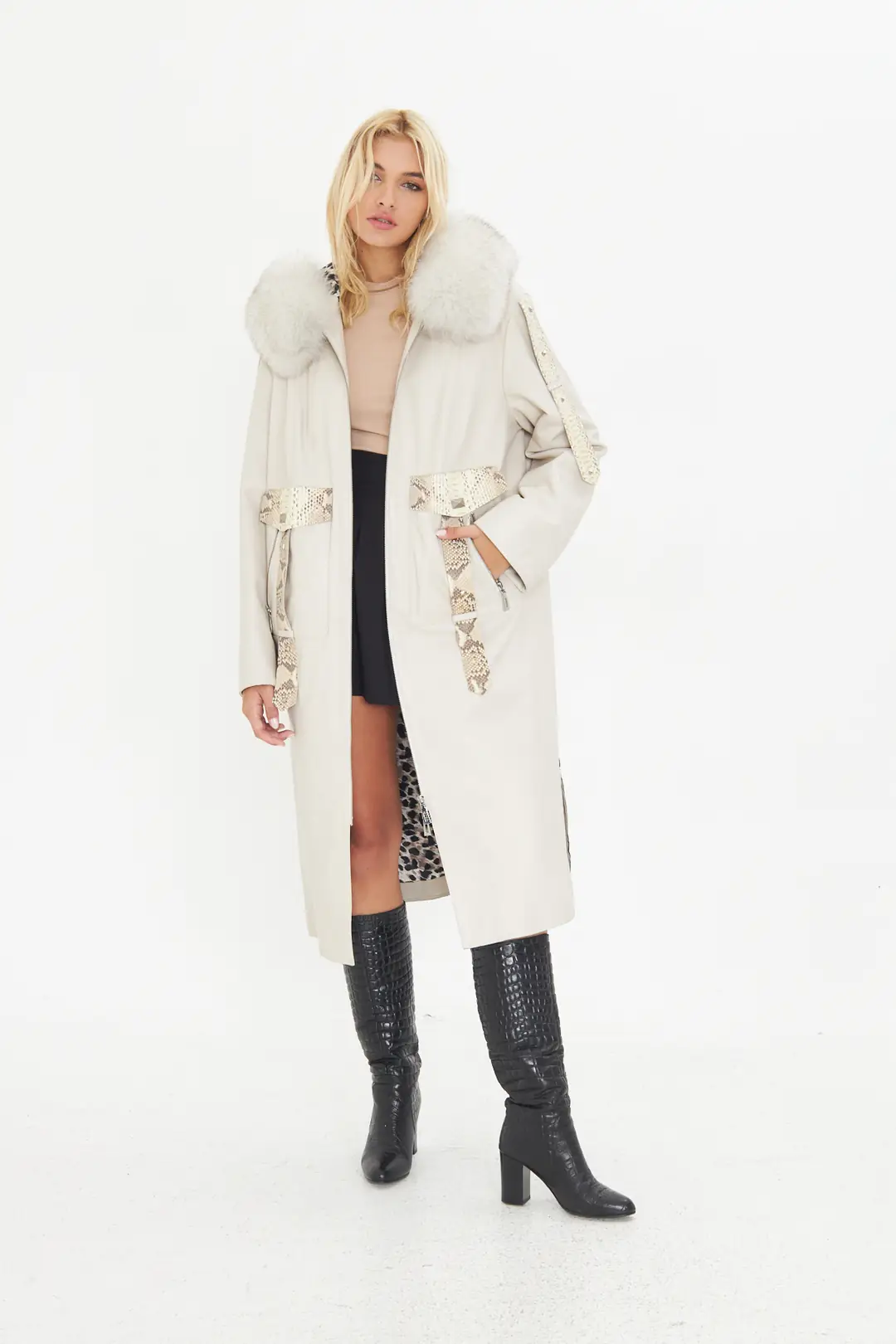 Lambskin Trench Coat With Fox Fur Collar and Python Details