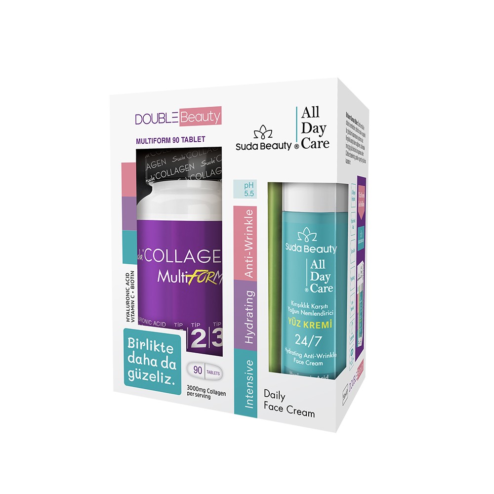 Suda Collagen Double Beauty Multiform Kolajen 90 Tablet ve Suda Beauty All Day Care Yüz Kremi 50 ml