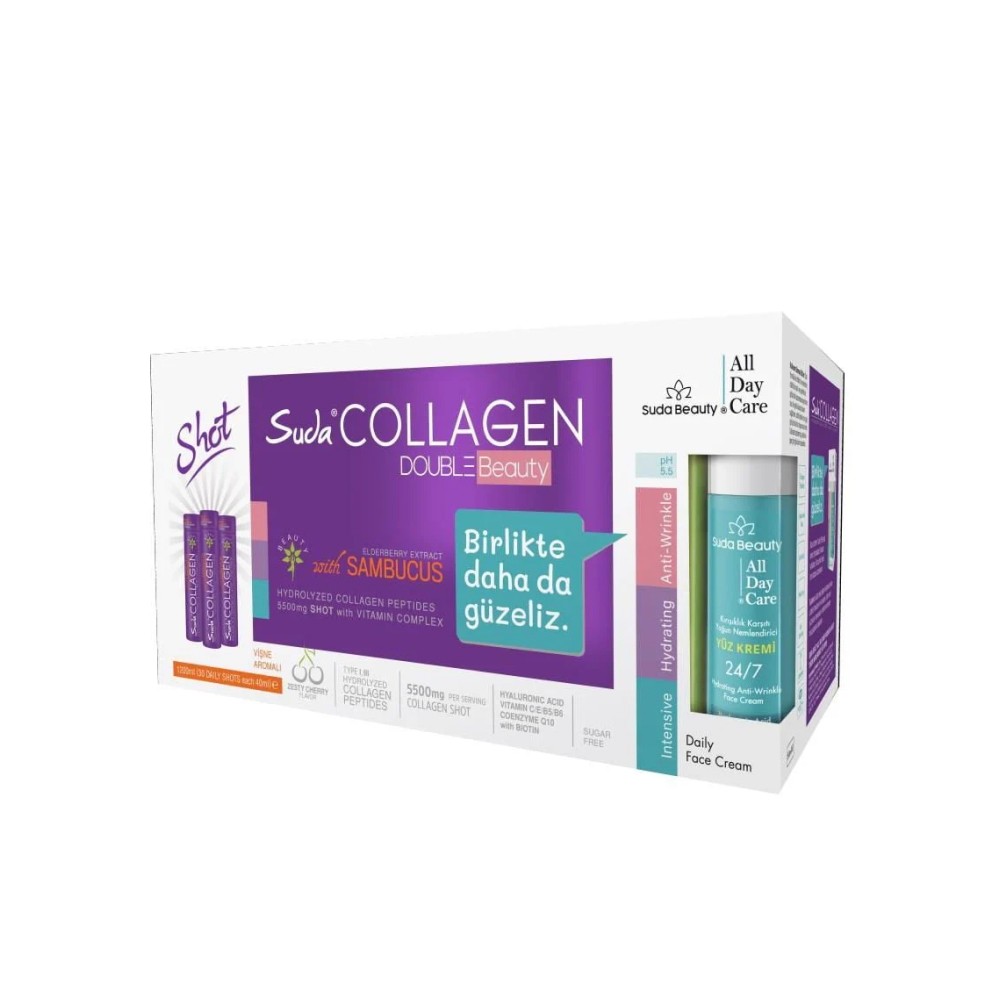 Suda Collagen Double Beauty Vişneli Kolajen 30 x 40 ml ve Suda Beauty All Day Care Yüz Kremi 50 ml