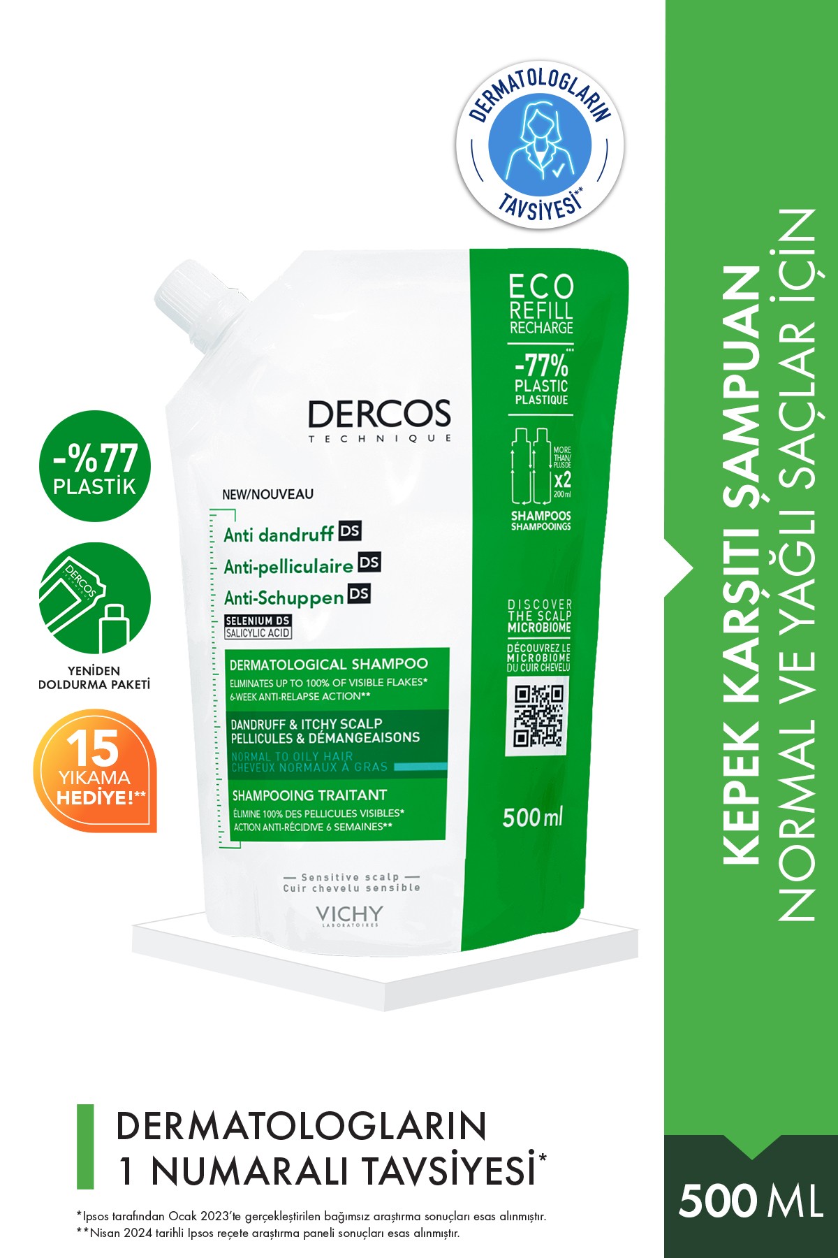 Vichy Dercos Anti Dandruff Refill Kepek Karşıtı Şampuan 500 ml - Normal ve Yağlı Saçlar