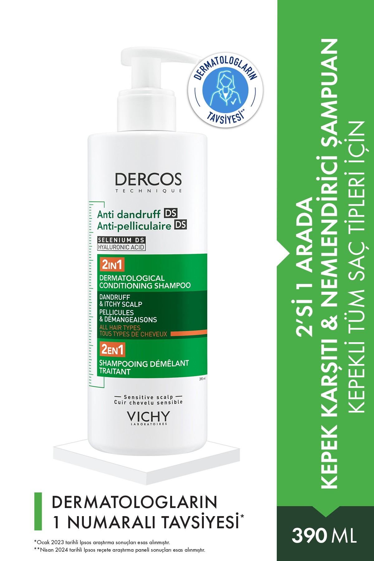 Vichy Dercos 2’si 1 arada Kepek Karşıtı ve Nemlendirici Şampuan 390 ml