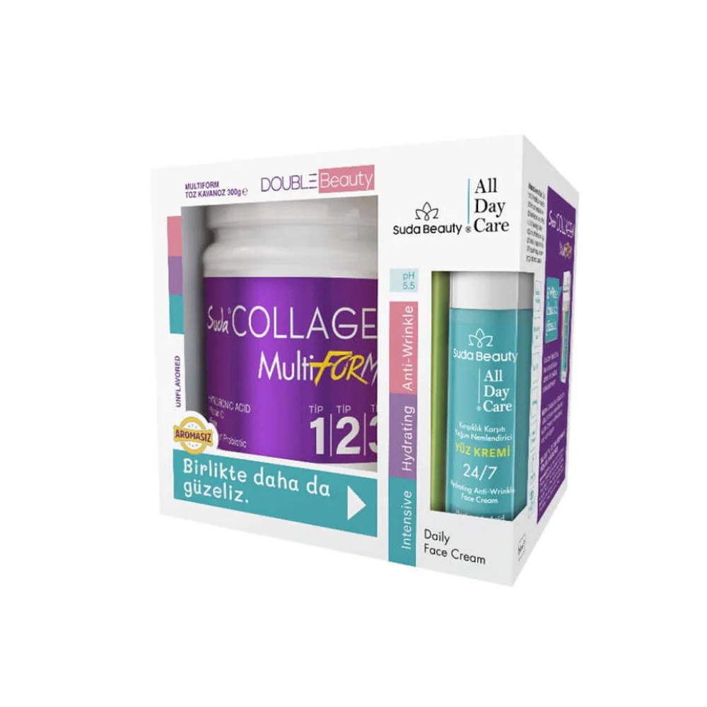 Suda Collagen Double Beauty Multiform Kolajen 300 gr ve Suda Beauty All Day Care Yüz Kremi 50 ml