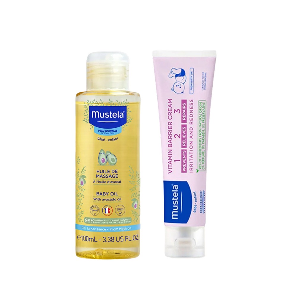 Mustela Bebek Masaj Yağı 100 ml + Vitamin Barrier 1.2.3 Pişik Kremi 100 ml