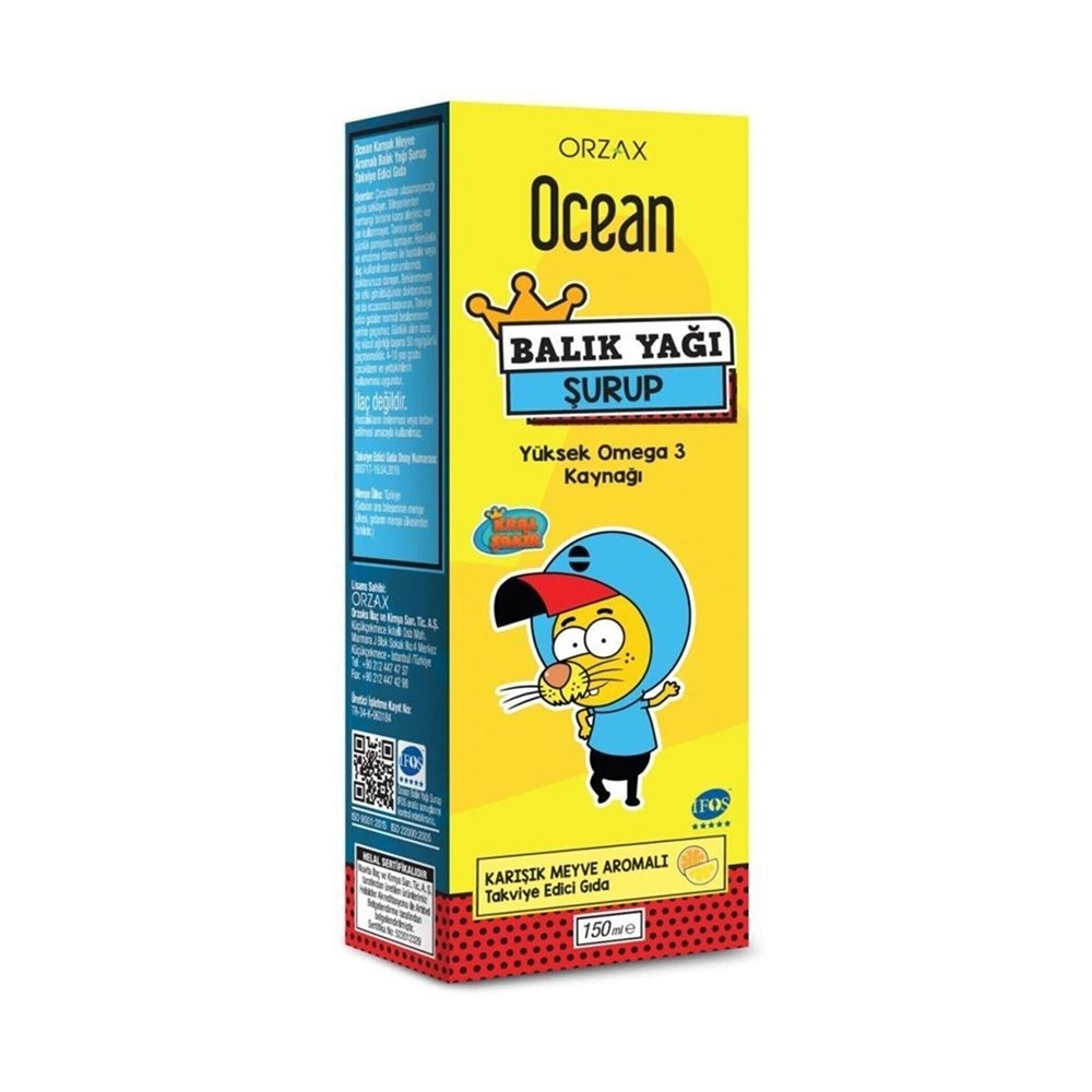 Orzax Ocean Omega 3 Kral Şakir Karışık Meyve Aromalı Balık Yağı Şurubu 150 ml
