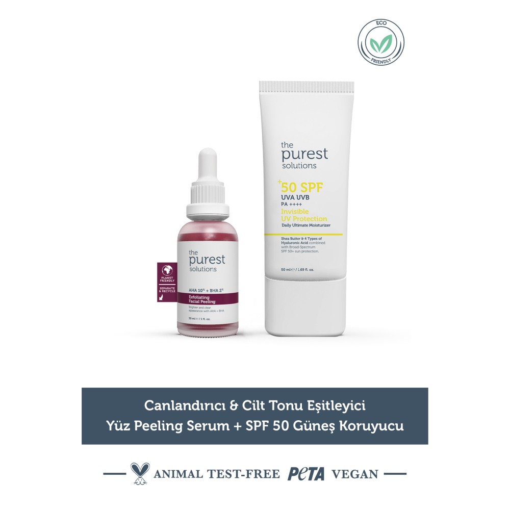 The Purest Solutions Canlandırıcı & Cilt Tonu Eşitleyici Yüz Peeling Serum + SPF+50 Güneş Koruyucu