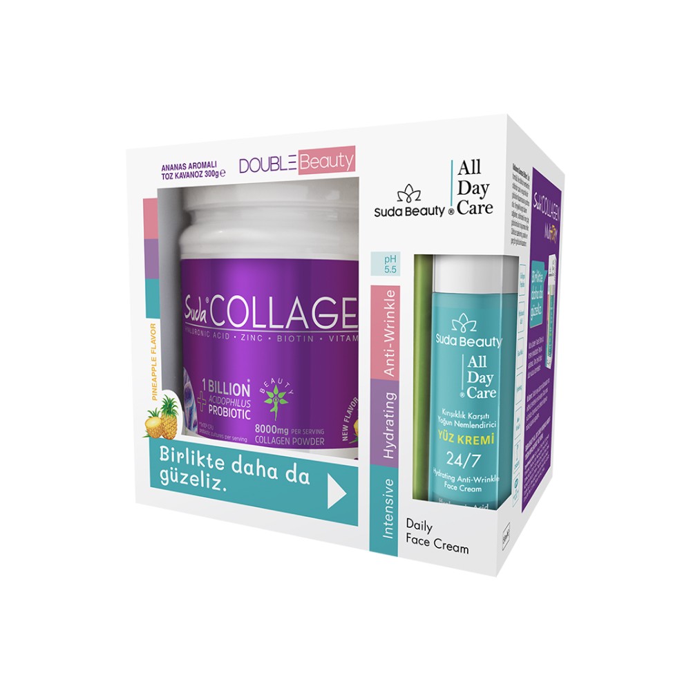 Suda Collagen Double Beauty Ananaslı Kolajen 300 gr ve Suda Beauty All Day Care Yüz Kremi 50 ml