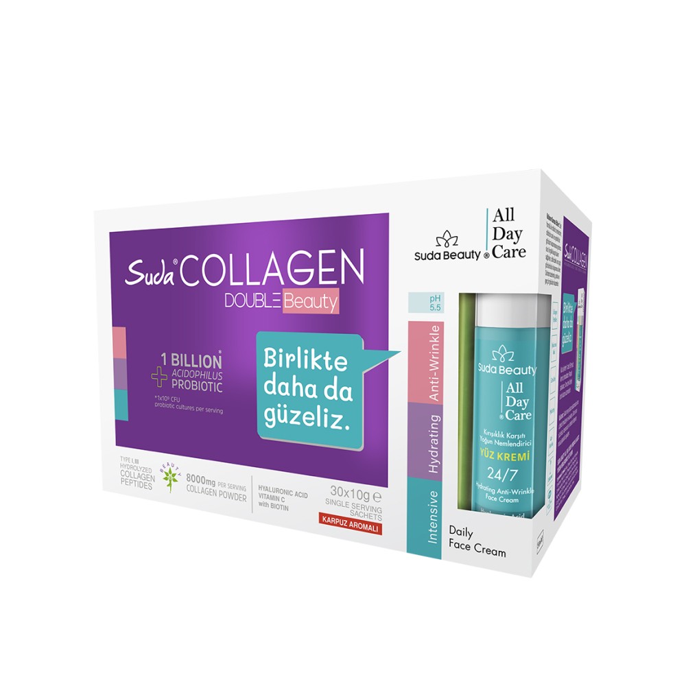 Suda Collagen Double Beauty Karpuzlu Kolajen 30 Saşe ve Suda Beauty All Day Care Yüz Kremi 50 ml