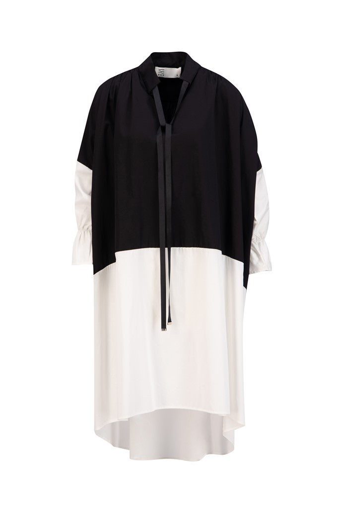 Çift Renkli Casual Karpuz Kol Dokuma Elbise - Siyah-Beyaz