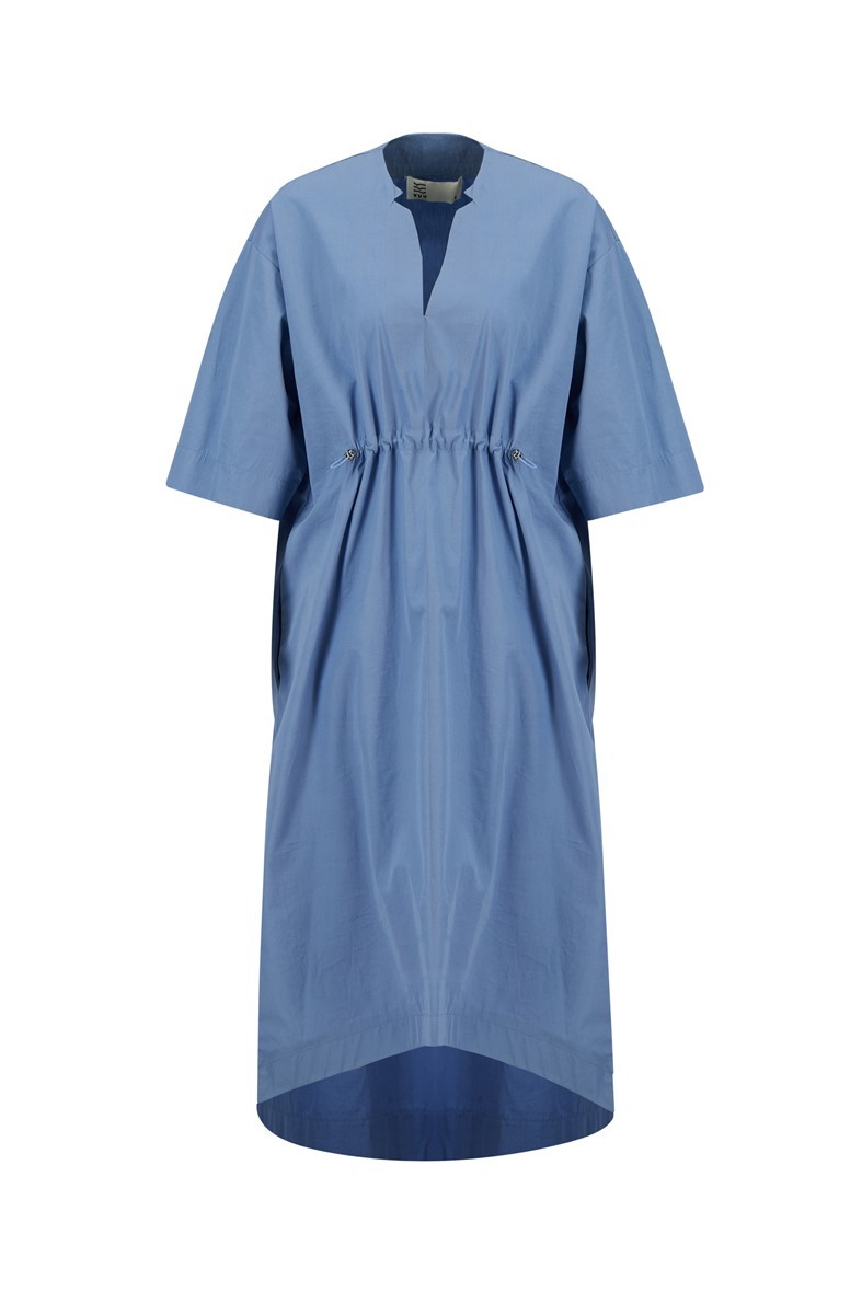 % 100 Pamuk Uzun Stoperli Elbise - Mavi