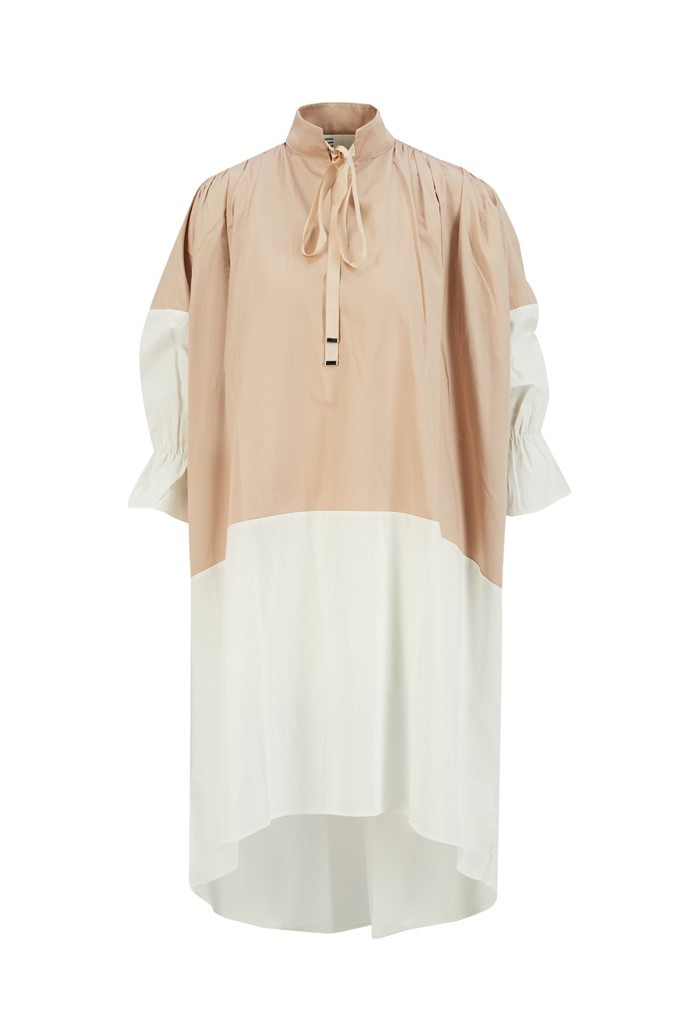 Çift Renkli Casual Karpuz Kol Dokuma Elbise - Bej-Beyaz