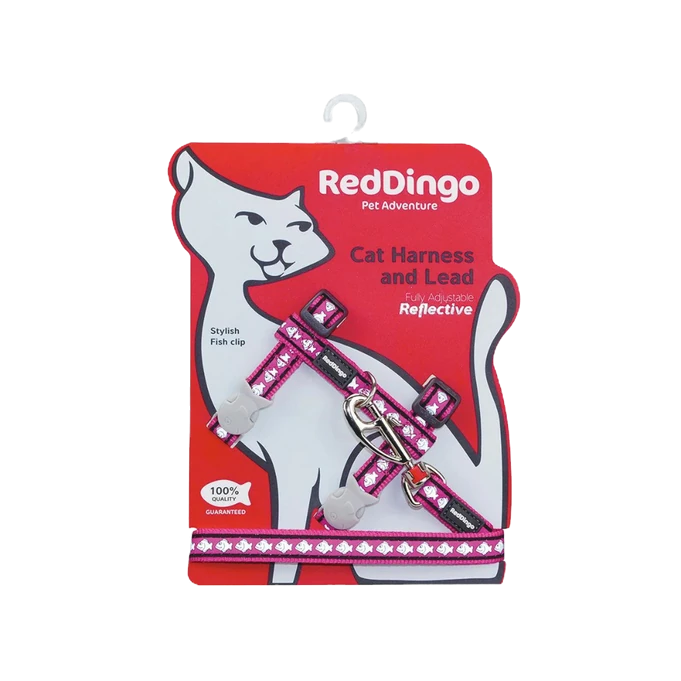  Red Dingo Hot Pink Reflektörlü Fish – Kedi Göğüs Tasması ve Kayış Seti