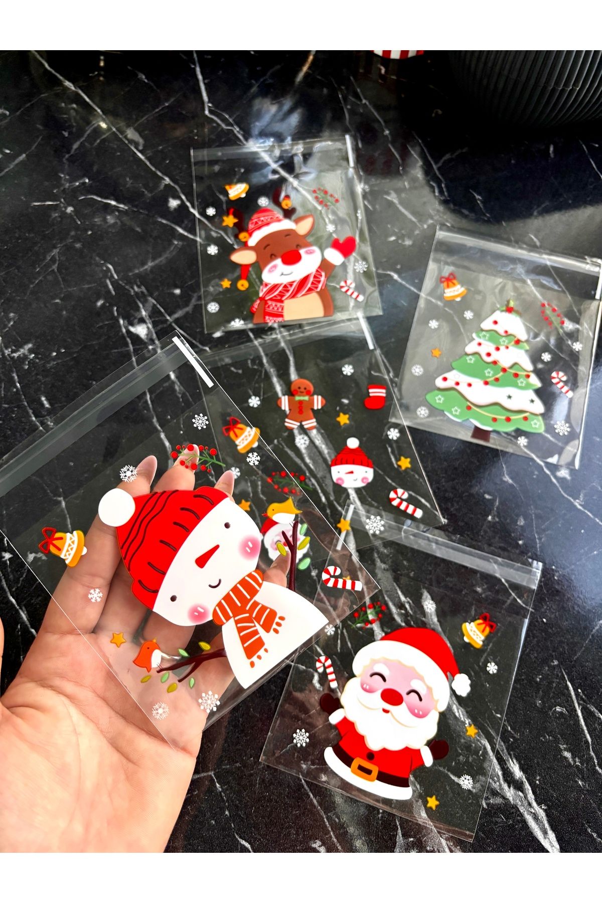 Desenli jelatin poşet 5 adet karışık desen 10x13 cm(kapalı:10x10 cm)hediye,toka,şeker poşeti,yılbaşı