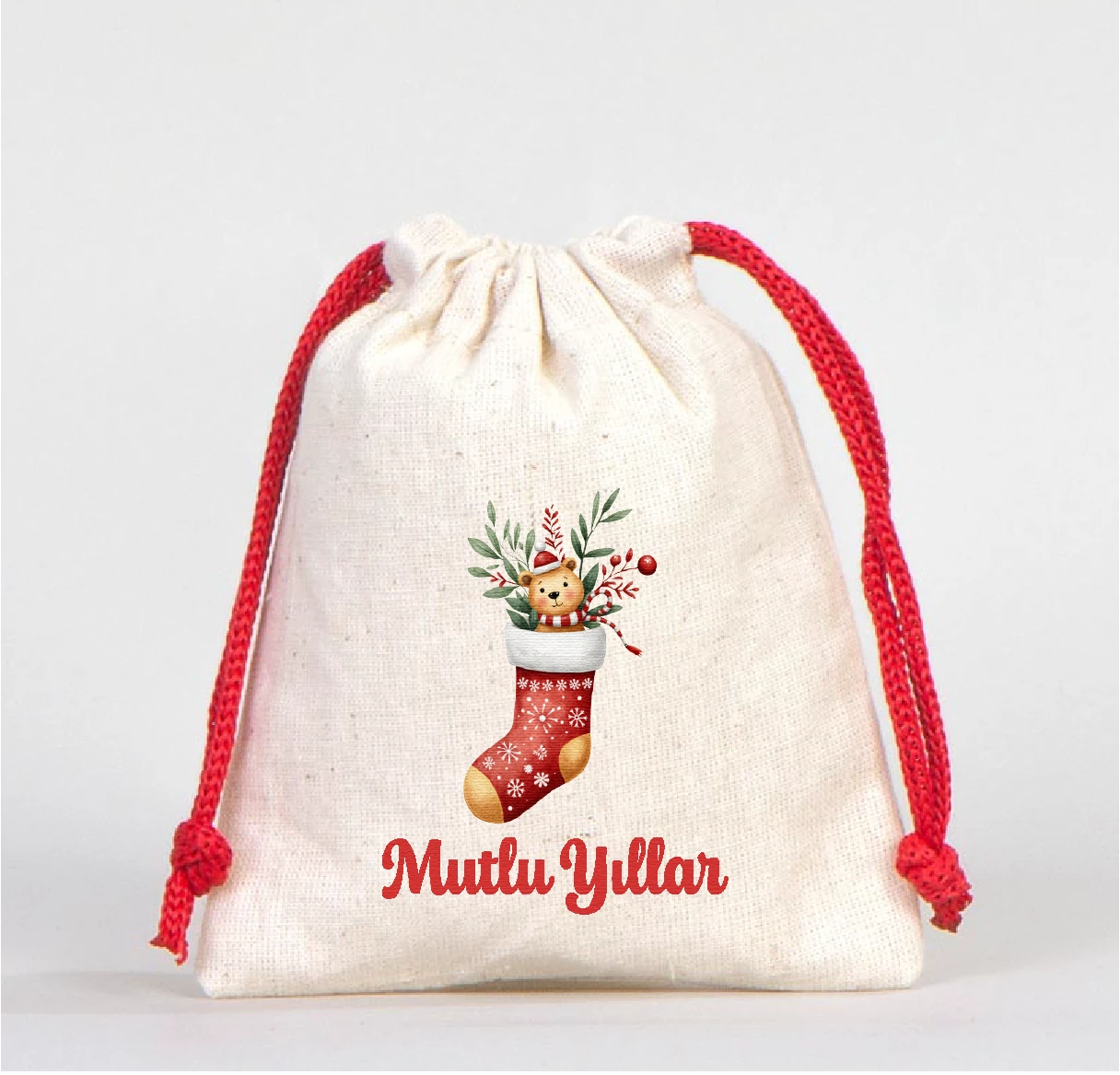 Yılbaşı Baskılı Kese 1 Adet büzgülü kumaş kese hediye kesesi - Model-5