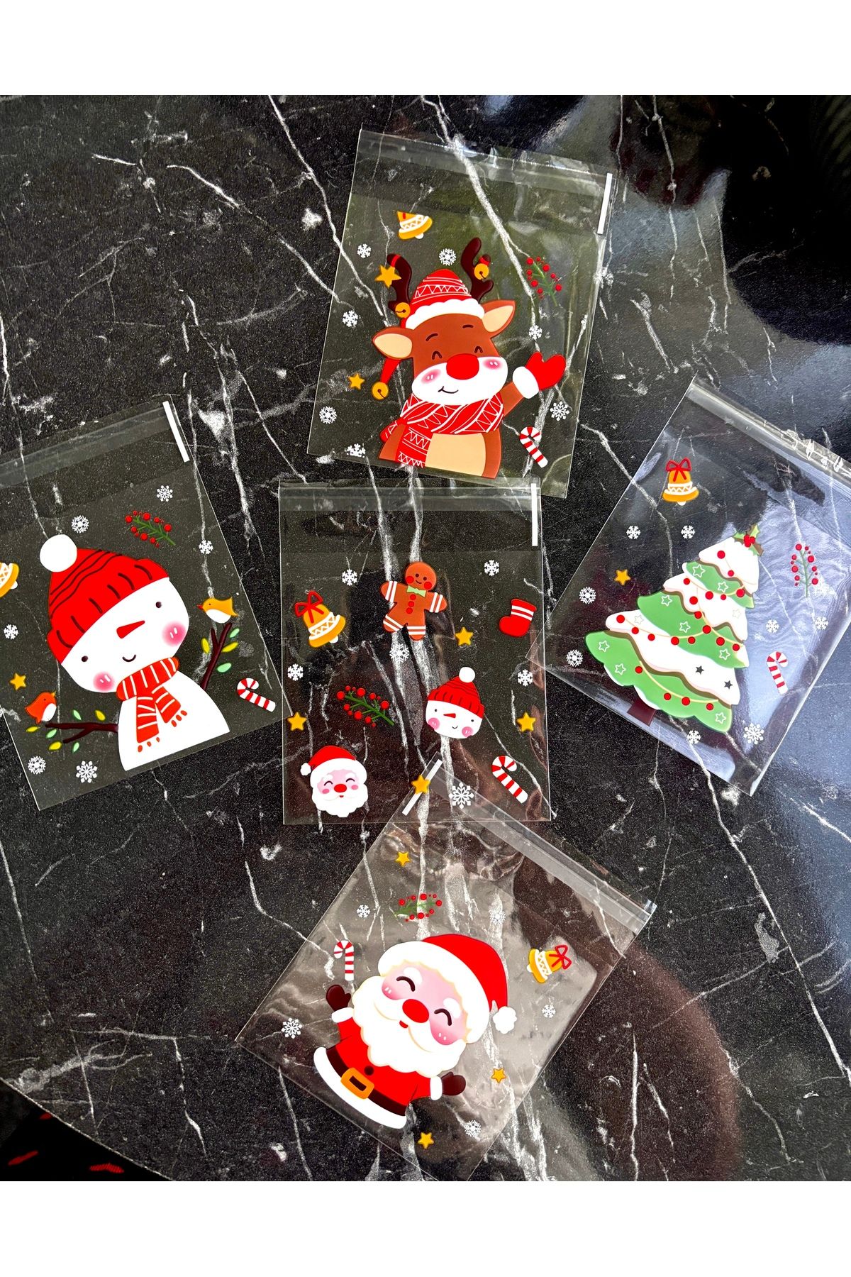 Desenli jelatin poşet 5 adet karışık desen 10x13 cm(kapalı:10x10 cm)hediye,toka,şeker poşeti,yılbaşı