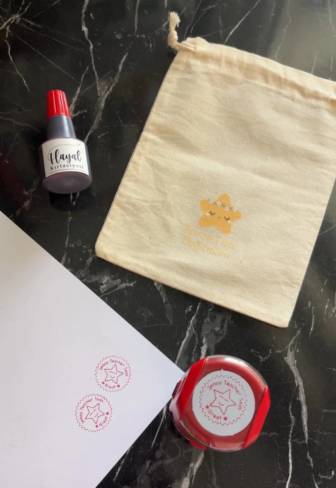 kaşe mühür seti (kese ve mürekkebi ile birlikte) 