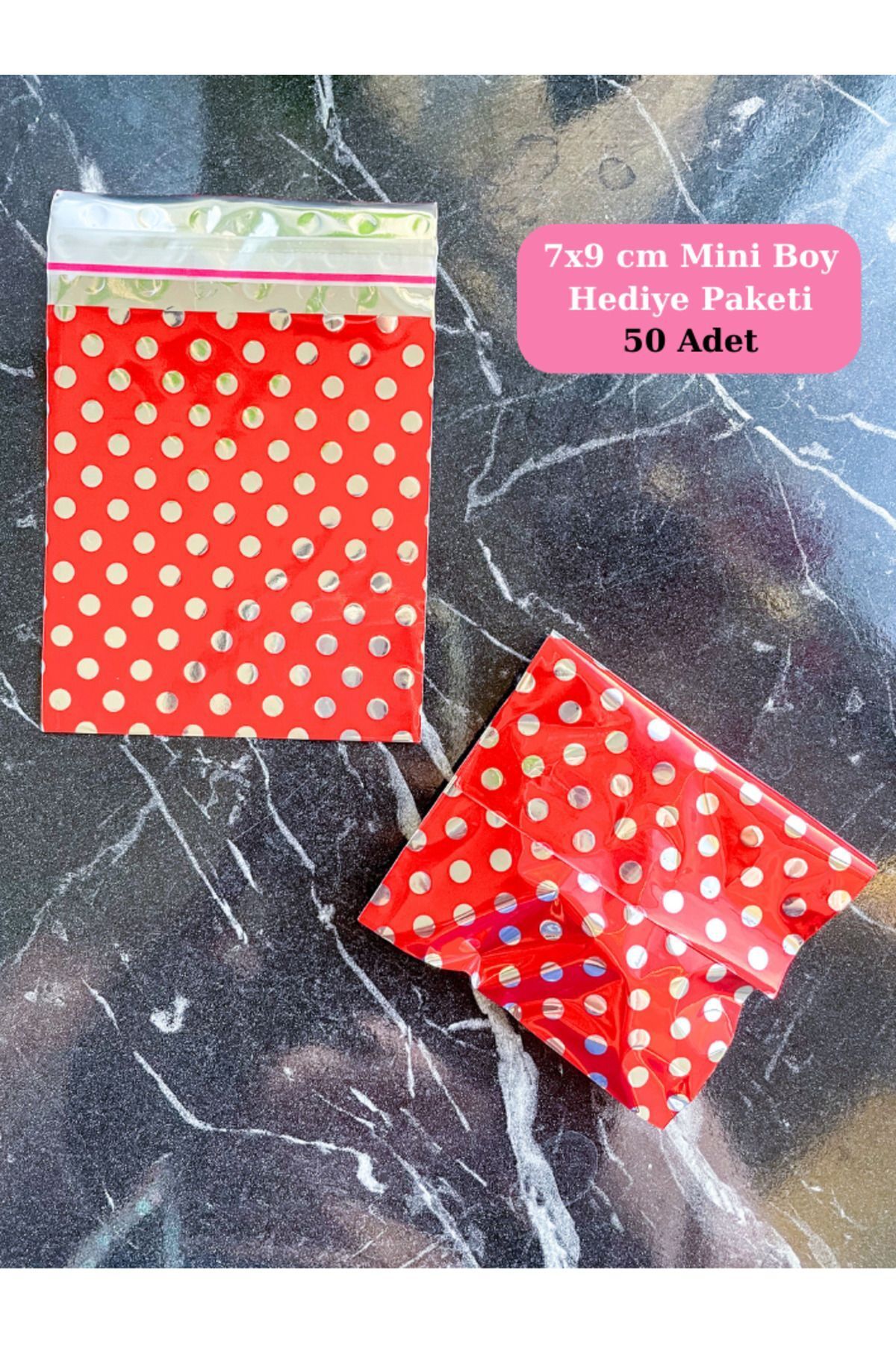 Parlak Metalize Hediye Paketi 7x9 Cm 50 Adet benekli Kırmızı Takı,Hediye Poşeti, anneler günü Hediye