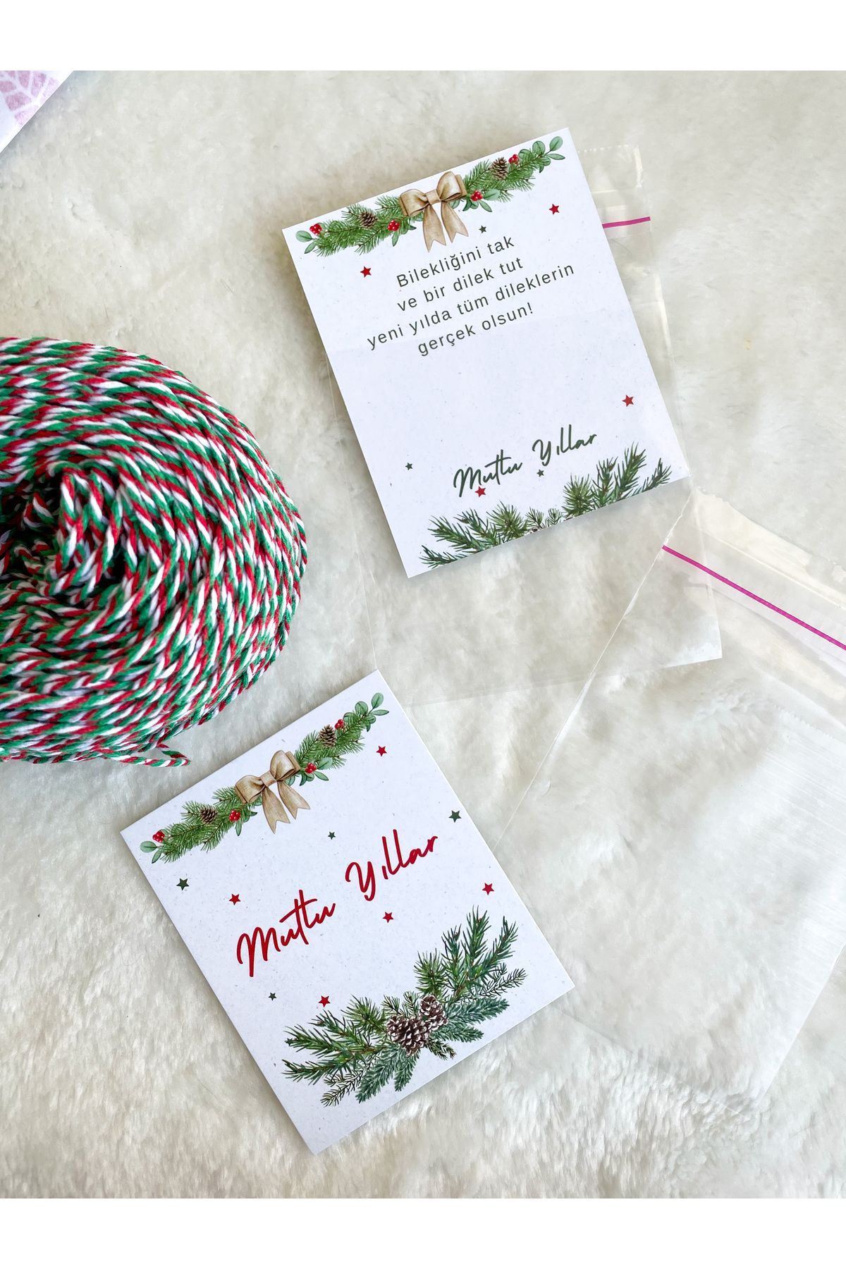Yılbaşı bileklik seti,20 kart, 20 jelatin poşet 10 mt ip,bileklik kartı, hediye,şans bilekliği