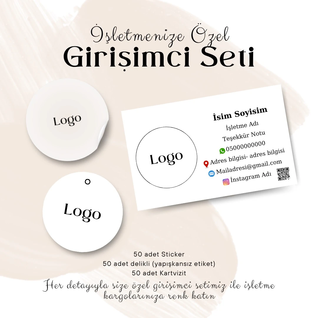 Girişimci seti (logolu sticker, delikli etiket ve kartvizit seti) 50’şer adet avantajlı set