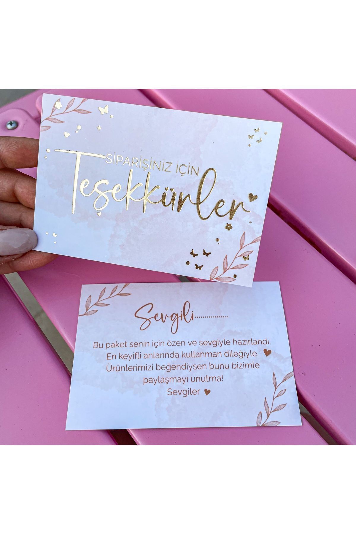Gold Baskılı Teşekkür Kartı 10x7 Cm 20 Adet Çift Yön Baskılı Teşekkür Kartı, Gold Varak Baskılı